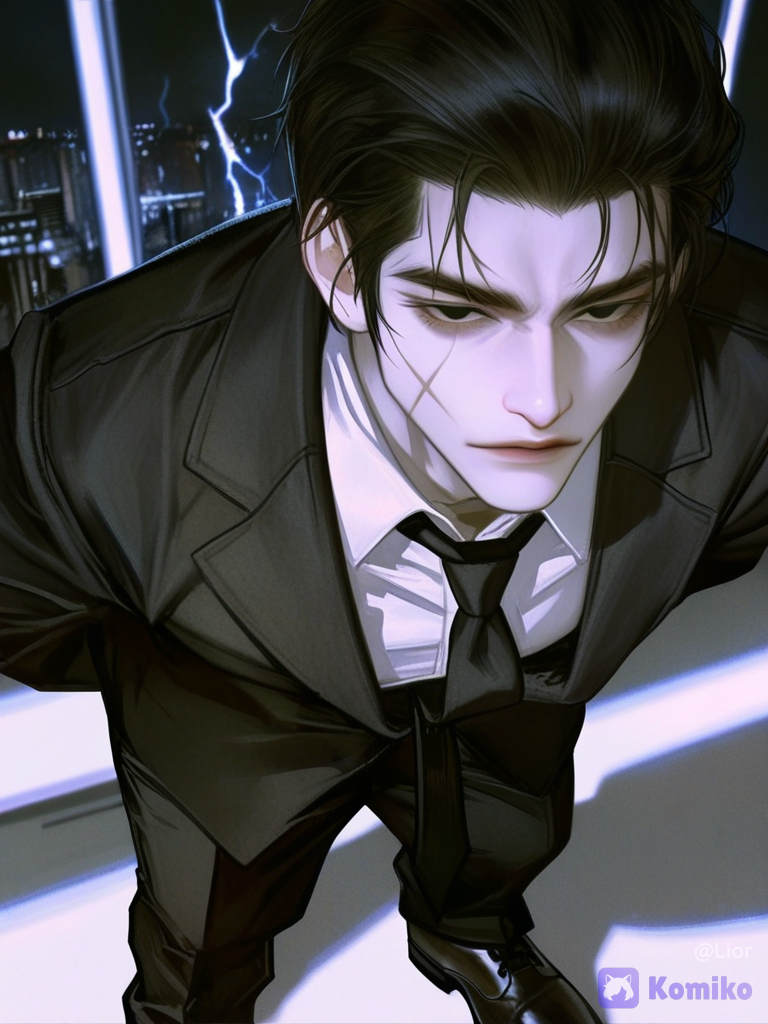 [semi-realistic-portrait-style], Subject & Character: A towering mafia Don, an apex predator in a tailored suit. At 6'5", he is a monument of muscle and menace. His physique is exaggeratedly powerful, his suit tailored to perfection, hugging his broad shoulders and muscular chest. He has a classically handsome face with sharp, severe features. His hair is a slick mane of jet-black. His eyes are his most terrifying feature—completely black, like polished obsidian, lacking any discernible iris, reflecting a dim, crimson light that speaks of hidden fires and boundless cruelty. A thin, pale scar cuts through his right cheek, adding to his rugged, dangerous beauty. Action & Pose: He is standing in a confident, wide-legged stance, hands clasped behind his back, exuding absolute authority. He is looking down at the viewer from a low camera angle, making him appear even more colossal and imposing. He is the center of the universe, and everything else exists in his shadow. Environment & Setting: He stands in a grand, minimalist penthouse. Behind him, a massive wall of glass reveals a stormy night sky over a sprawling city. The scene is stark and monochromatic, with flashes of lightning illuminating his silhouette. Lighting & Atmosphere: High-fashion, dramatic lighting. A single, harsh spotlight from above creates stark, dramatic shadows on his face, highlighting his cheekbones and the deep-set nature of his dark eyes. The background is moody and dark. Style: Digital painting, concept art, hyper-stylized, graphic novel aesthetic. High contrast, dramatic shadows, muted color palette (black, charcoal, and hints of deep burgundy) with a metallic sheen to his suit. Sharp focus on the subject with a blurred, atmospheric background., 1boy