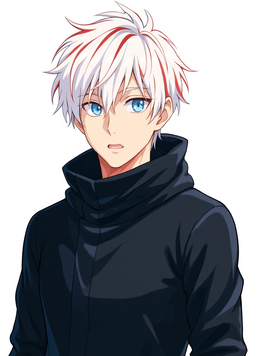 1girl, teenager, jujutsu kaisen style, white hair, red highlights, tousled hair, fair skin, athletic build, black turtleneck sweater, modern clothing, mysterious expression, single character, full body, looking at viewer, simple background, white background