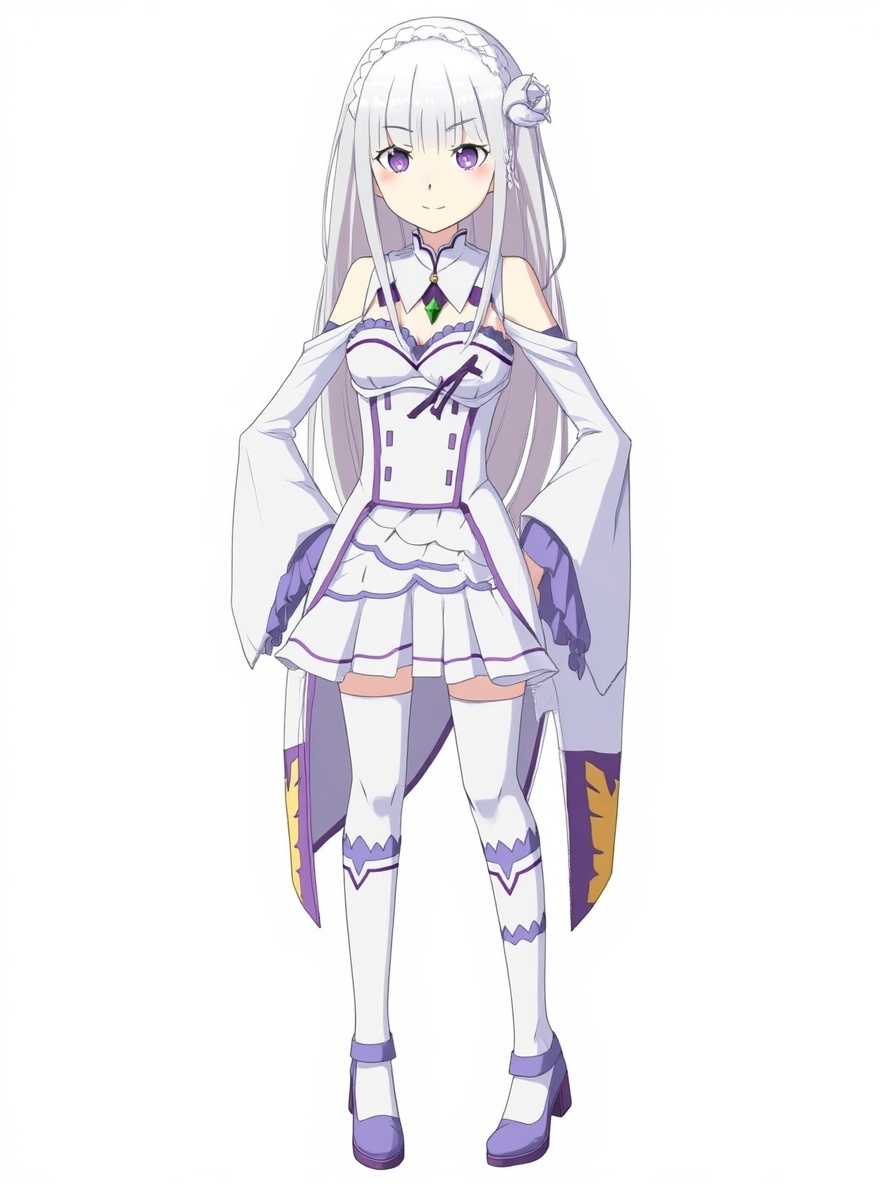 1girl, solo, teenager, athletic, pale_skin, long_hair, straight_hair, silver_hair, white_hair, hair_braid, side_braid, flower, white_flower, hairclip, cross_hair_ornament, purple_eyes, white_dress, violet_dress, off_shoulder, long_sleeves, wide_sleeves, dress, robe, frills, pleated_skirt, layered_dress, gem, green_gem, necklace, lilac_neckwear, purple_trim, white_stockings, purple_stockings, thighhighs, boots, high_boots, single_character, full_body, looking_at_viewer, anime_style, simple_background, white_background