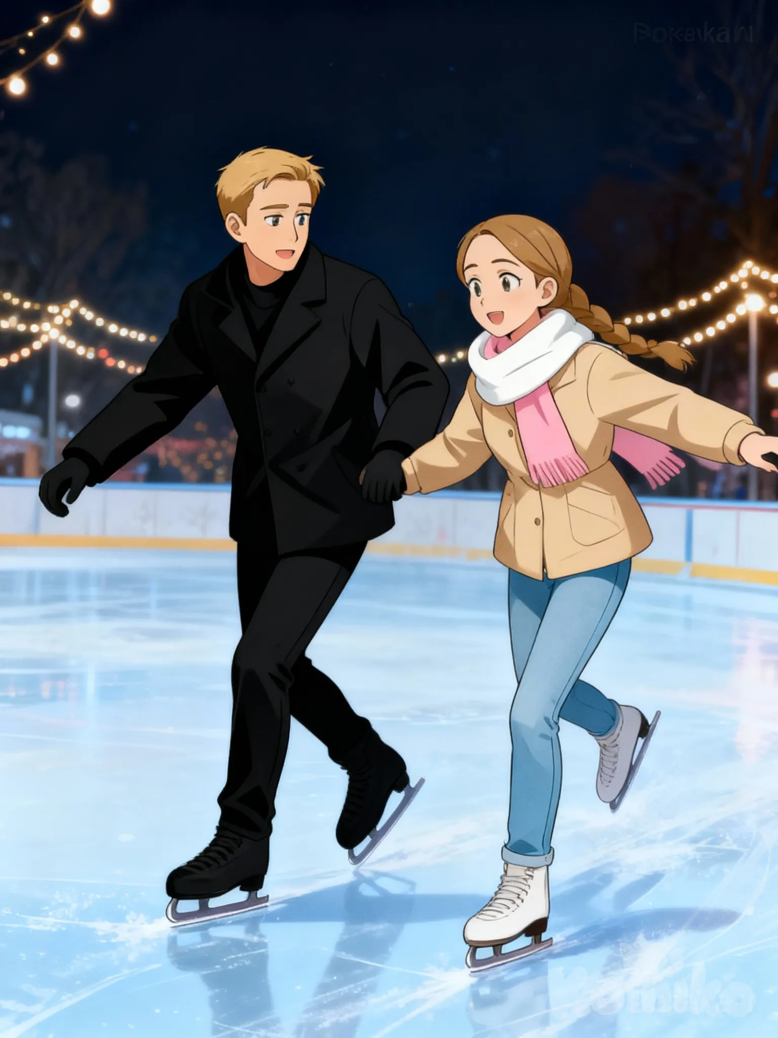 Сделай изображение в таком же стиле с этими же персонажами.
Парень с девушкой катаются зимой на катке, на улице вечер, на фоне за персонажами виднеются гирлянды. На девушке бежевая куртка, голубые джинсы, бело-розовый шарф, без шапки. На парне черная куртка и черные штаны, без шапки.