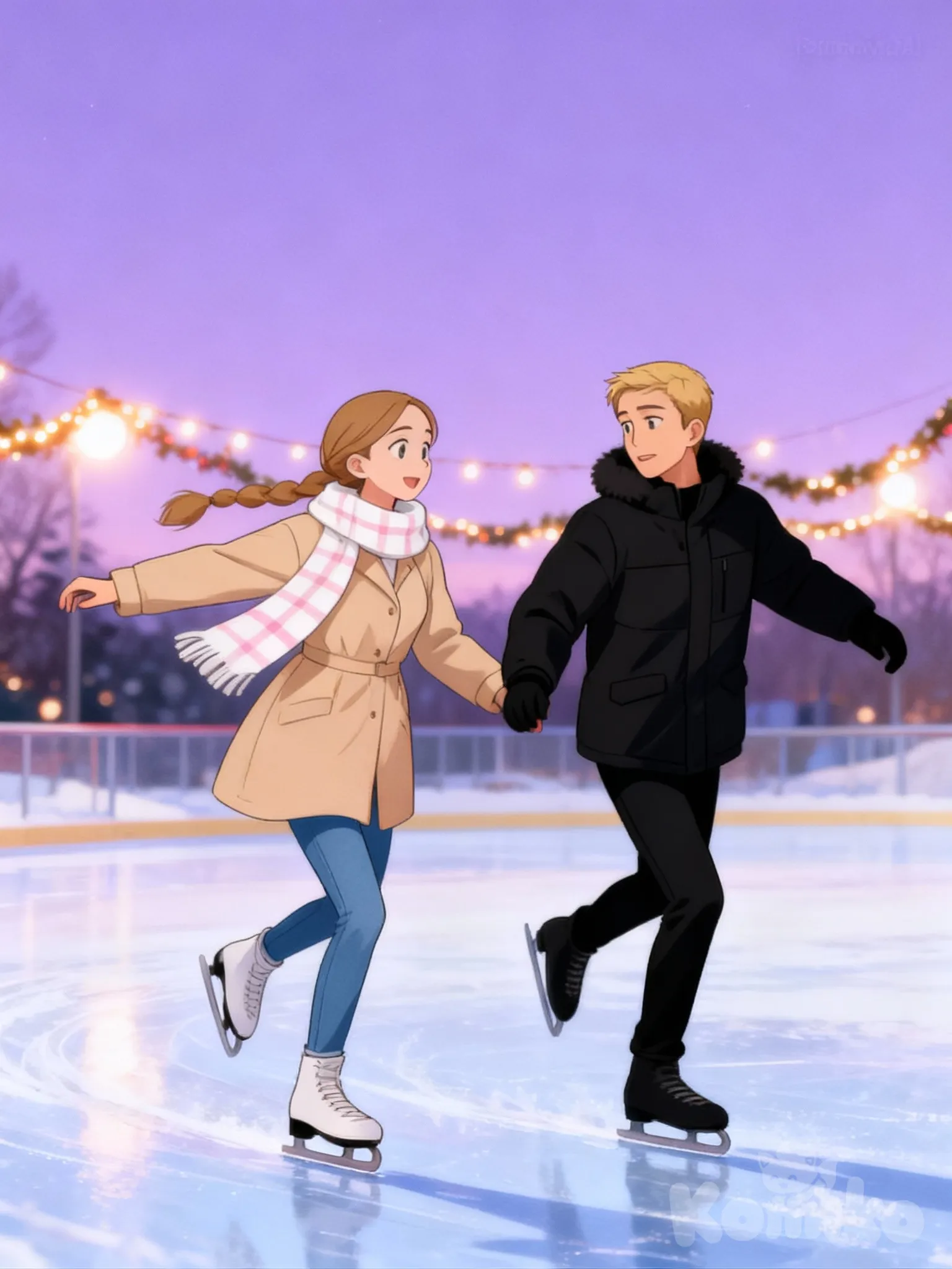 Сделай изображение в таком же стиле с этими же персонажами.
Парень с девушкой катаются зимой на катке, на улице ранний вечер, небо фиолетовое, на фоне за персонажами виднеются гирлянды. На девушке бежевая куртка, голубые джинсы, белый шарф в розовую клетку, без шапки. На парне черная зимняя куртка и черные штаны, без шапки.