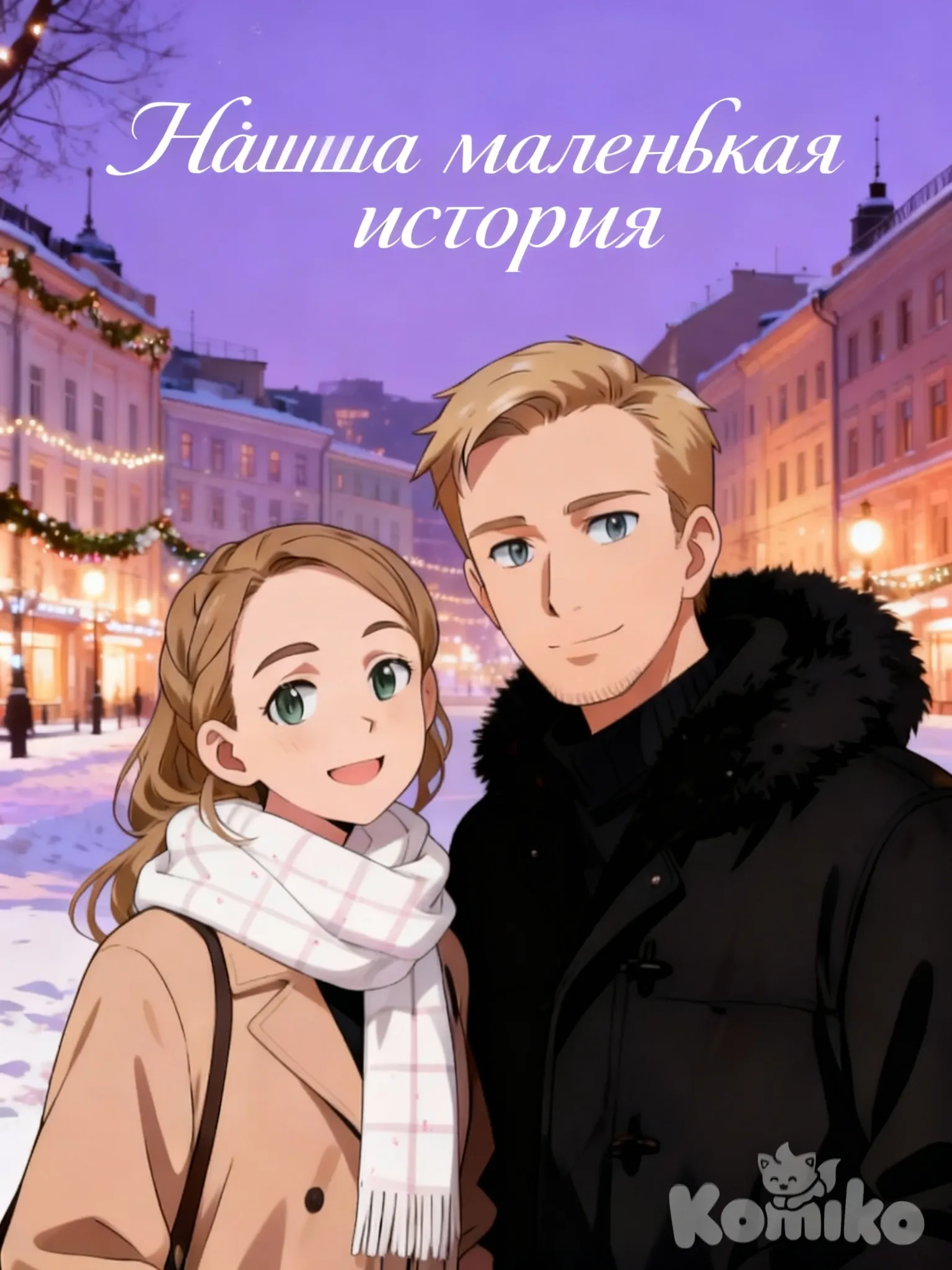 Сделай фиолетовый фон наверху на один тон светлее. Сделай текст наверху более четким. Текст должен быть белого цвета.
На здании слева замени гирлянды на более естественные, чтобы они не выбивались из общего стиля рисунка.
На девушке в бежевой куртке замени шарф на белый в розовую клетку.
Больше ничего не меняй. Сохрани освещение на персонажах, не меняй им цвет кожи.