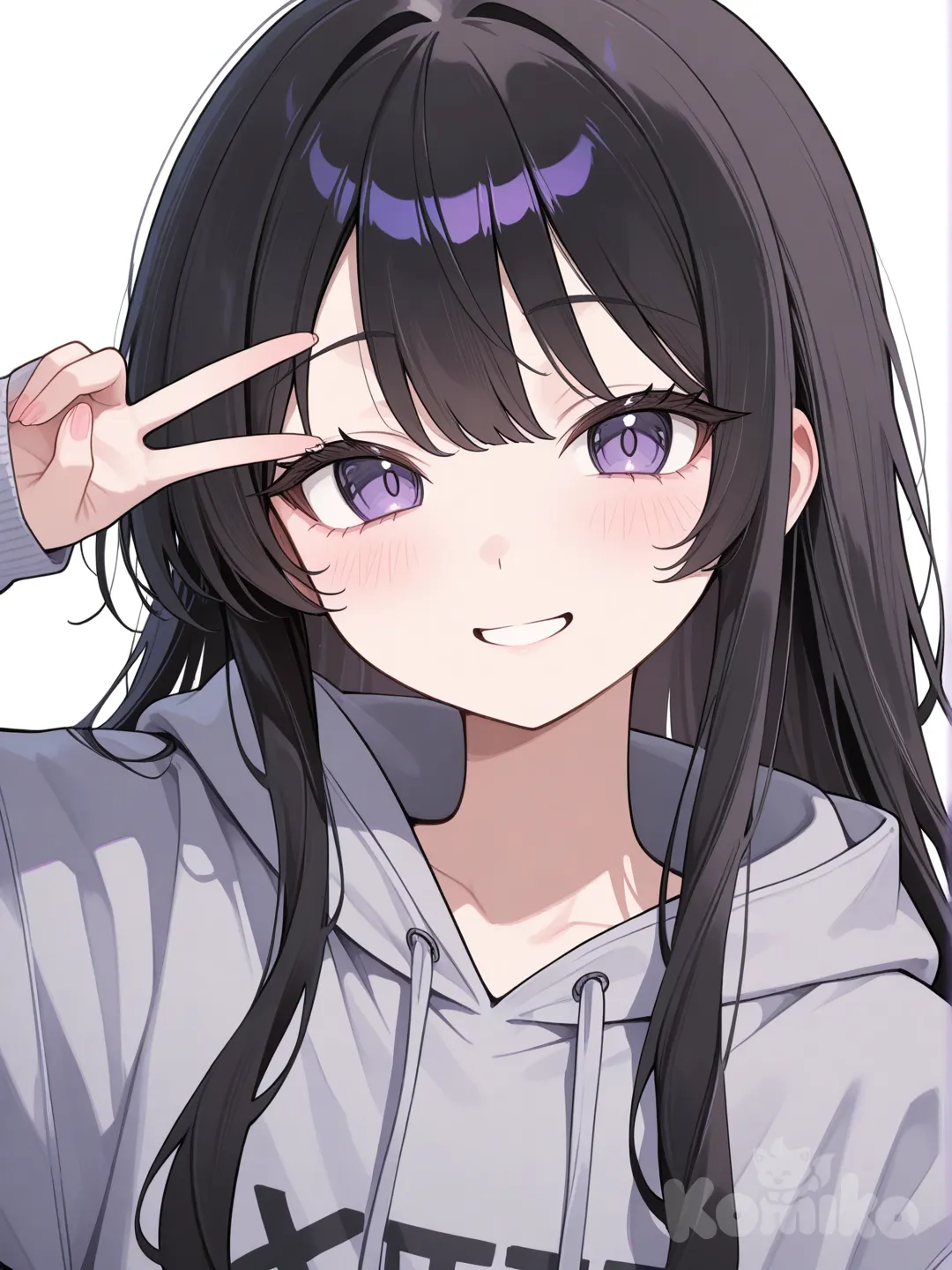 grey hoodie, v sign, 1girl, portrait