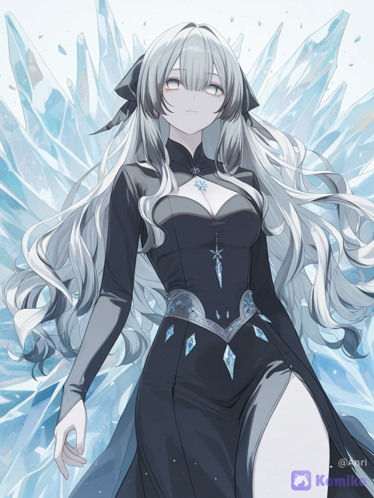[soft-pastel-style], 1girl, mature female, long hair, white hair tips, black hair roots, white brilliant empty eyes, little black dress, diamonds, ice, @ashes-fSkF