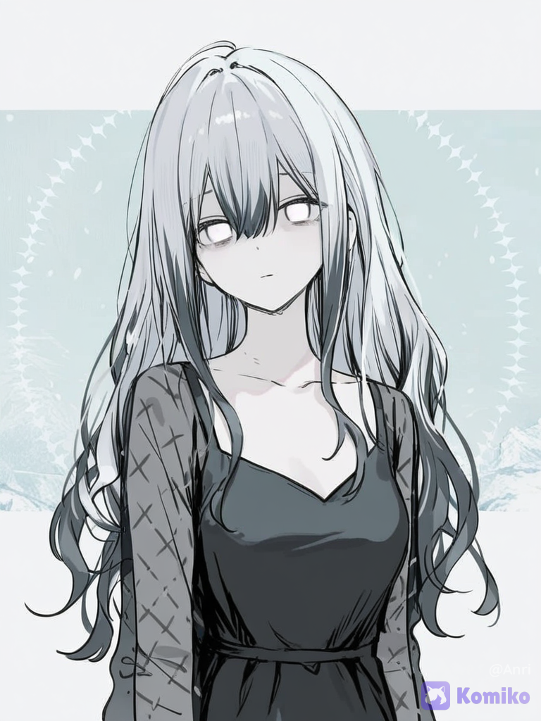 [soft-pastel-style], mature female, long hair, white hair tips, black hair roots, white brilliant empty eyes, little black dress, diamonds, ice, @ashes-fSkF