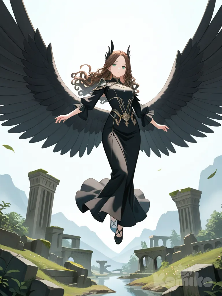 1girl, middle-aged, long hair, curly hair, brown hair, aqua eyes, average build, big black wings, sexy long dress, black dress, flying, floating, sky, weightless, fantasy ruins, celestial fantasy, saritasf, dark fantasy, dark_fantasy_epic, dark-fantasy style, single character, full body, looking at viewer, simple background, white background
