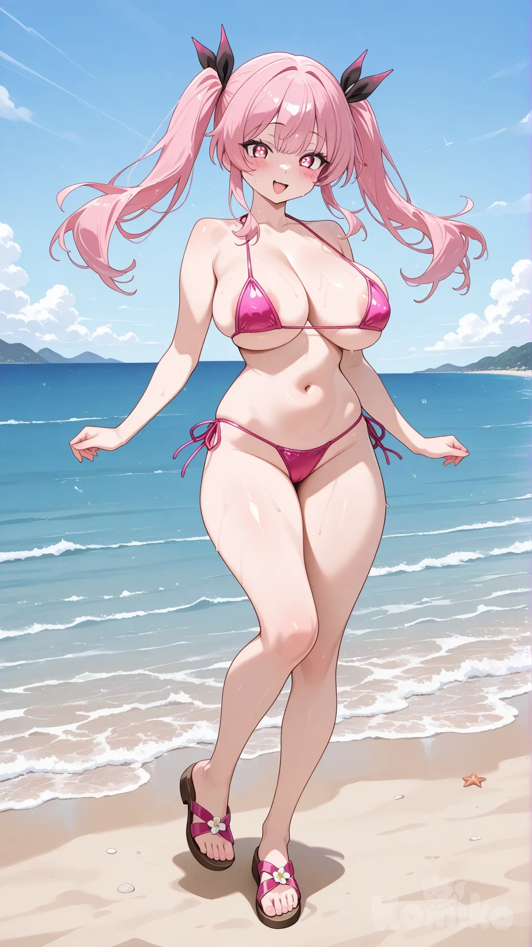 1girl, pink hair, twintails, long hair, pink eyes, large breasts, cleavage, eyes, fair skin, bikini, skin color bikini, very small micro bikini, sandals, visible nipples, full body, dynamic pose, beach, ocean background, playful expression