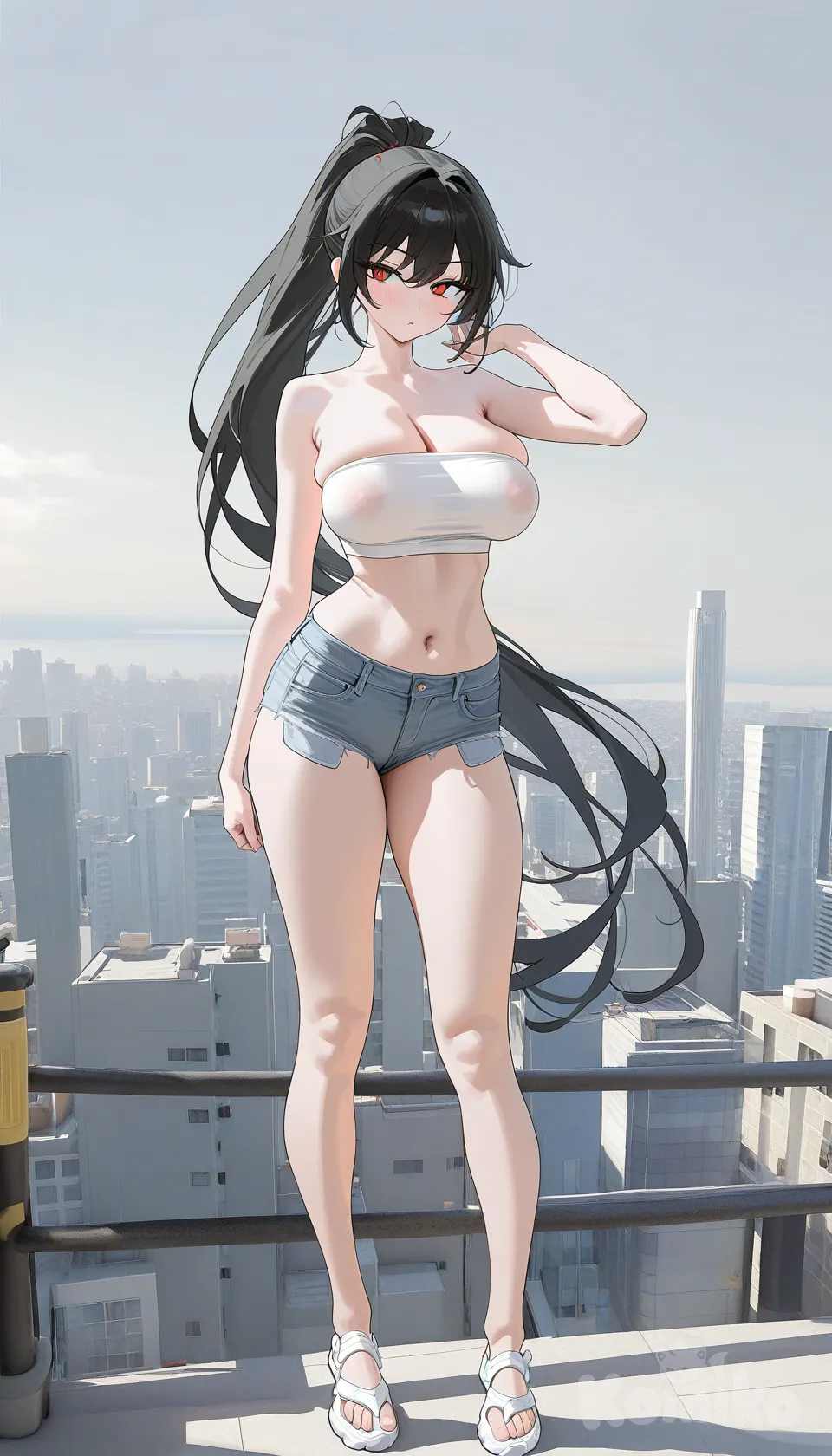 1girl, black hair, very long hair, red eyes, sarashi, midriff, denim shorts, sandals, large breasts, visible nipples through clothing, full body, dynamic pose, outdoors, voluptuous, tough expression, windblown hair, confident, looking at viewer, standing, cleavage, breeze, athletic, strong female, cityscape, urban background