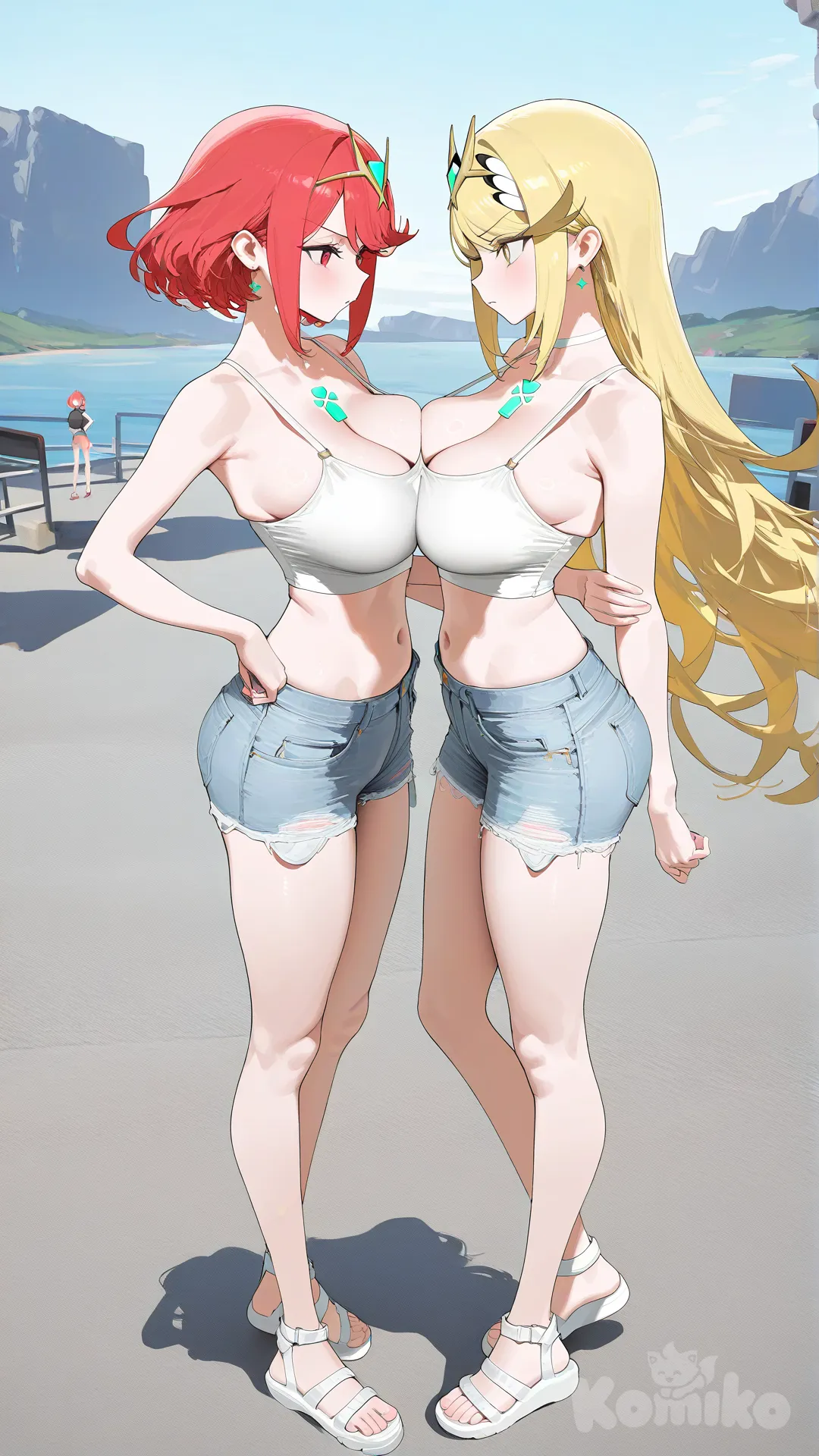 pyra (xenoblade), mythra (xenoblade), denim shorts, crop top, bare shoulders, sleeveless, midriff, sandals, large breasts, cleavage, breast press, breast comparison, symmetrical docking, angry, rivals, full body, skin tight, face to face, outdoors, casual clothing, confrontation
