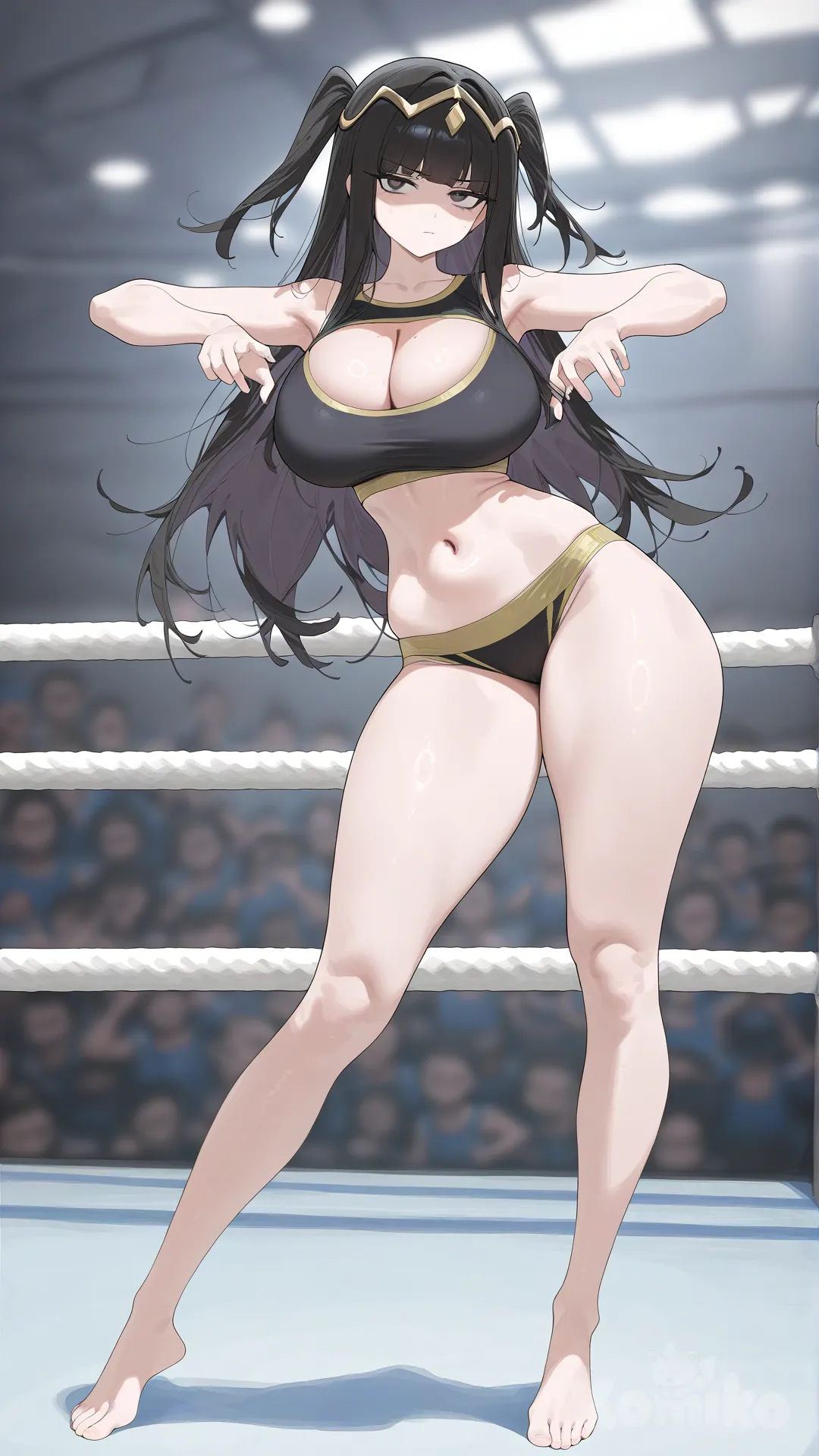 1girl, tharja (fire emblem), large breasts, skinny, MMA clothes, cleavage cutout, midriff, thick thighs, barefoot, bare shoulders, wrestling ring, fighting stance, sexually suggestive, sexy, determined look, full body, shaded face