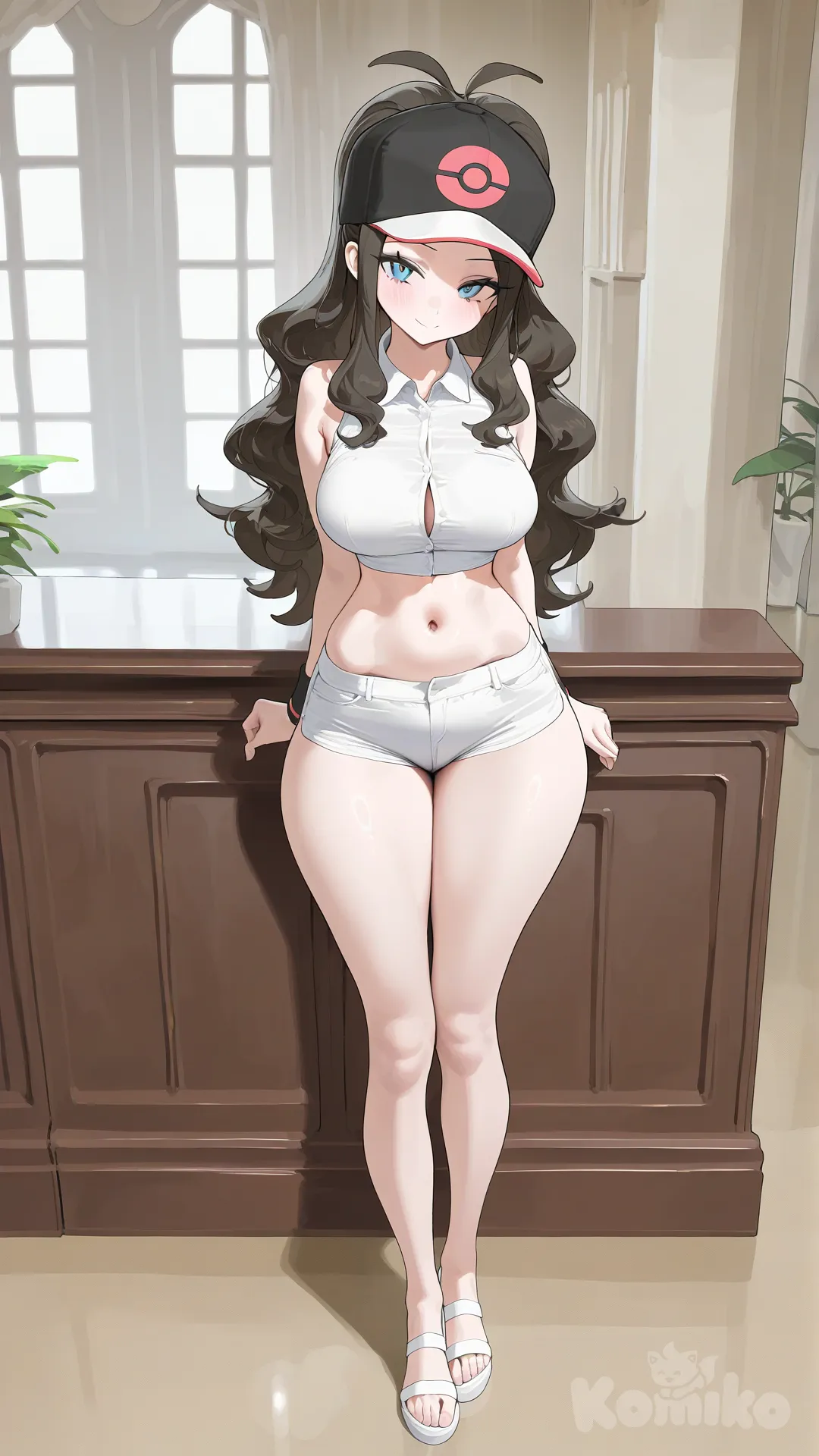 hilda (pokemon), formal, midriff, sandals, sleeveless, sexually suggestive, sexy, seductive smile, large breasts, thick thighs, mansion interior