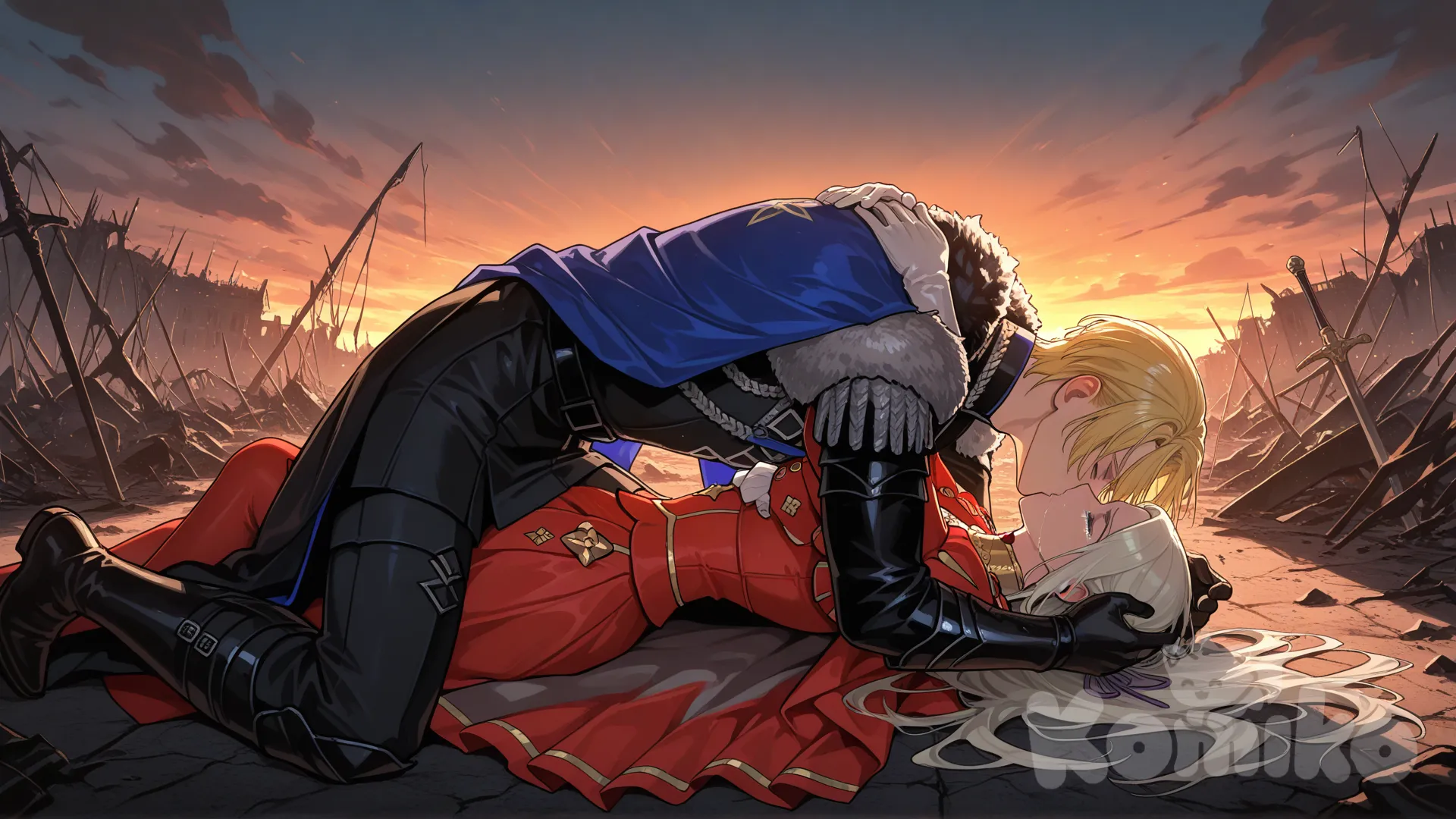 edelgard von hresvelg, dimitri alexandre blaiddyd, tragedy, sunset, tears, battlefield, love, kiss, hug, on the floor