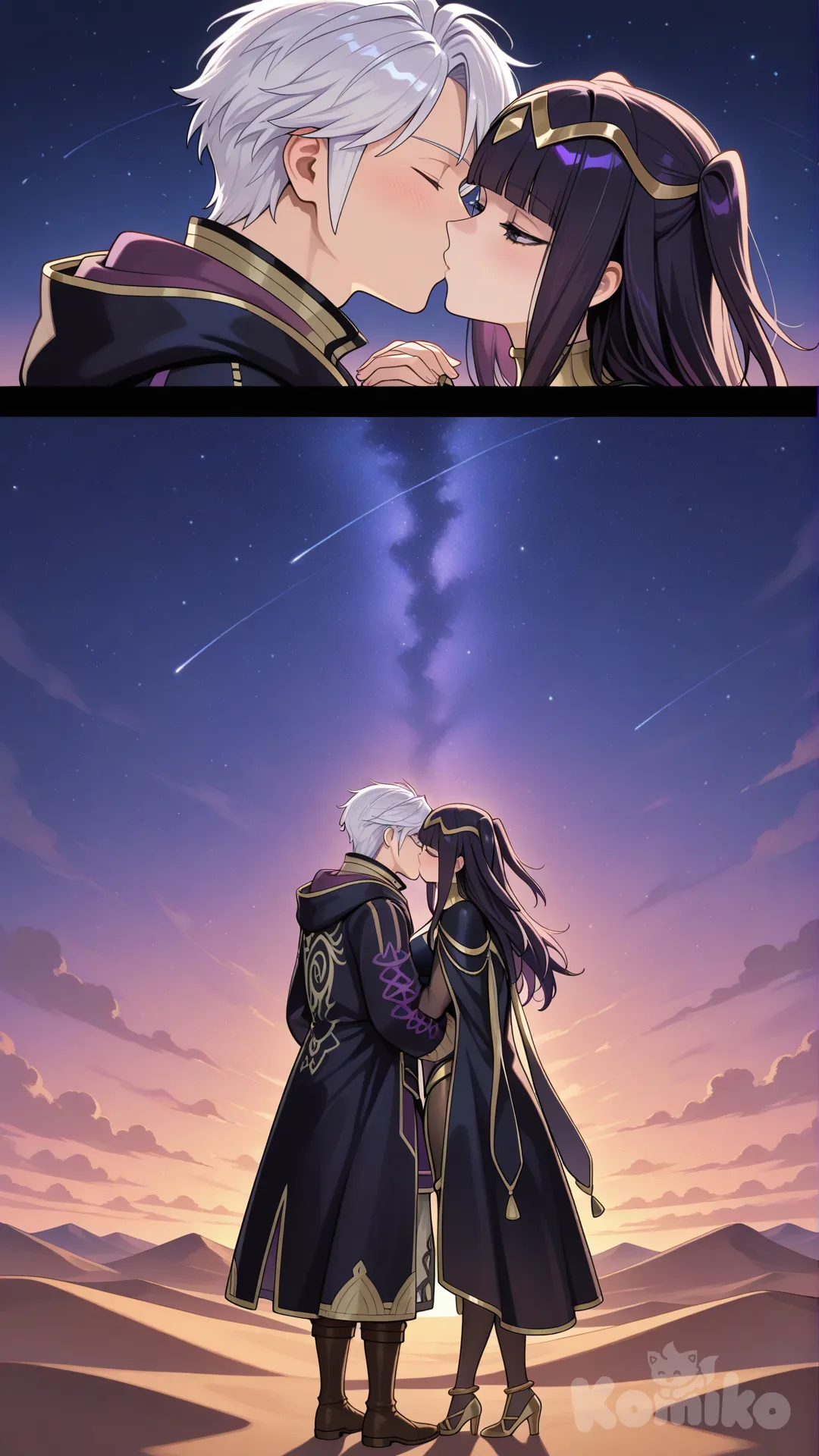 tharja (fire emblem), male robin (fire emblem), desert, night, hug, white hair, full body, forehead-to-forehead, kiss, interlocked fingers