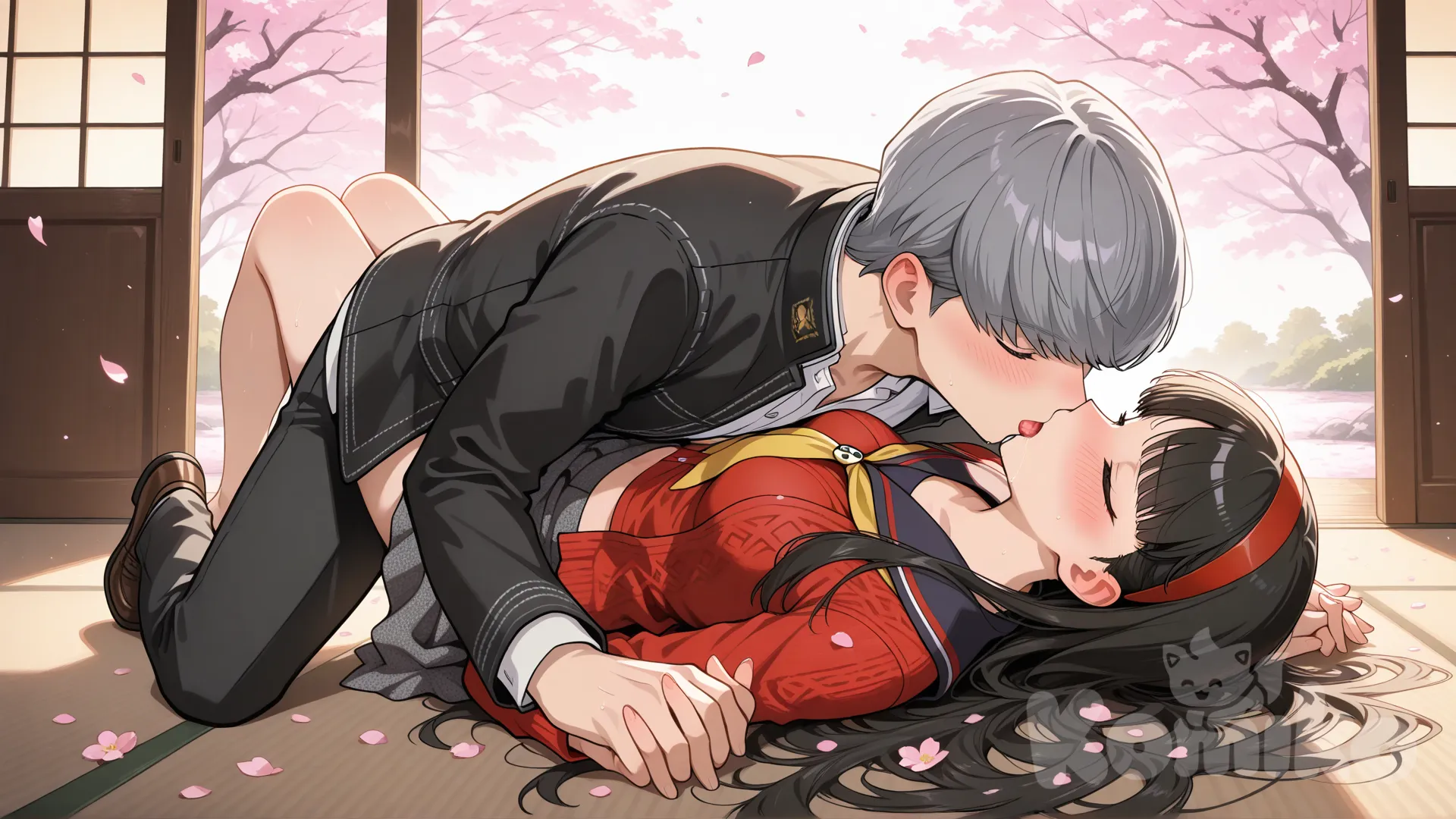 narukami yu, amagi yukiko, kiss, cherry blossoms, full body, one picture, on the floor, interlocked fingers, girl on top