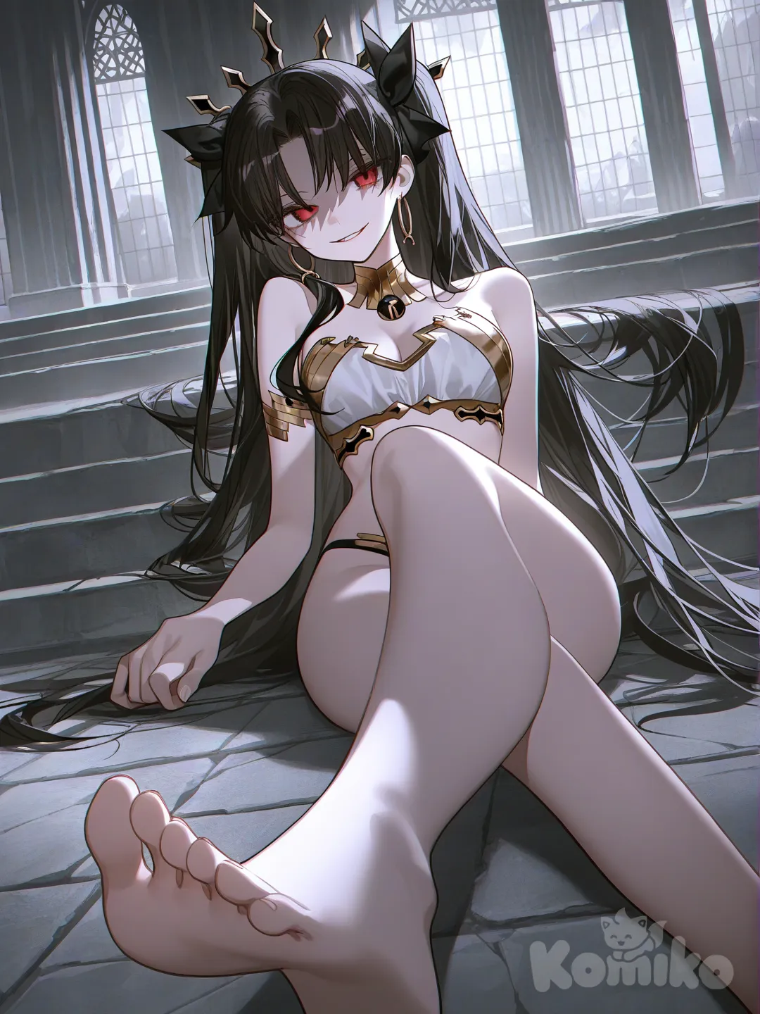 A seductive Ishtar from Fate as a lone girl with medium breasts, flashing an evil grin and seductive smile on her shaded face, poses sexually suggestively in skimpy clothing inside an ancient temple, barefoot with her feet prominently visible while reclining on the cool stone floor., [high-contrast-glossy-style]