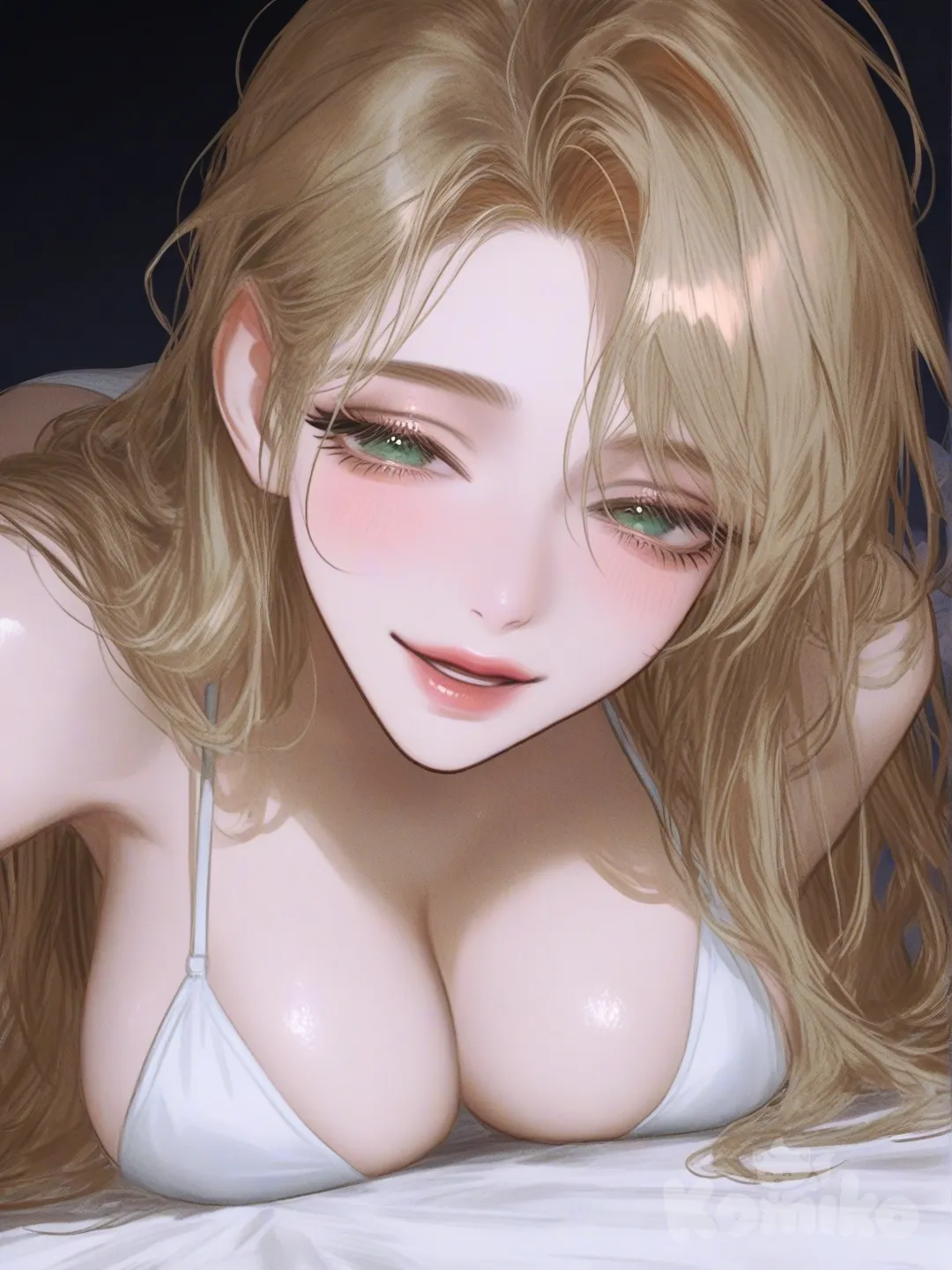 1girl, aphrodite_(shuumatsu_no_valkyrie), sexually suggestive, seductive smile, on floor, large breasts, [semi-realistic-portrait-style]