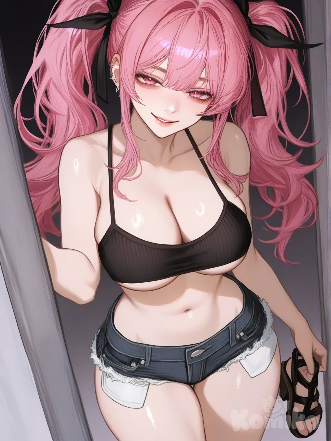 A seductive anime girl with long pink hair in large twintails, piercing pink eyes, big breasts spilling out of a tight mini shirt that exposes her midriff and cleavage, paired with skimpy micro shorts hugging her, stands in strappy sandals, striking a sexy pose with a lustful, sadistic expression and an evil, come-hither smile that promises mischief., [semi-realistic-portrait-style]