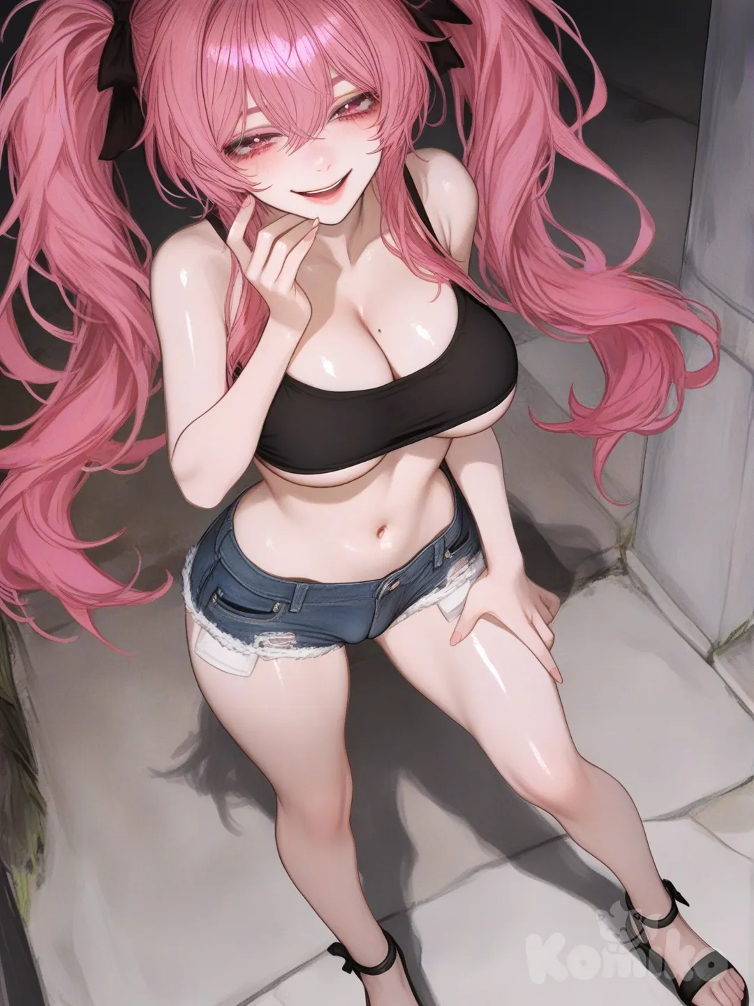 A full body image of a seductive anime girl with long pink hair in large twintails, piercing pink eyes, big breasts spilling out of a tight mini shirt that exposes her midriff and cleavage, paired with skimpy micro shorts hugging her, stands in strappy sandals, striking a sexy pose with a lustful, sadistic expression and an evil, come-hither smile that promises mischief., [semi-realistic-portrait-style]
