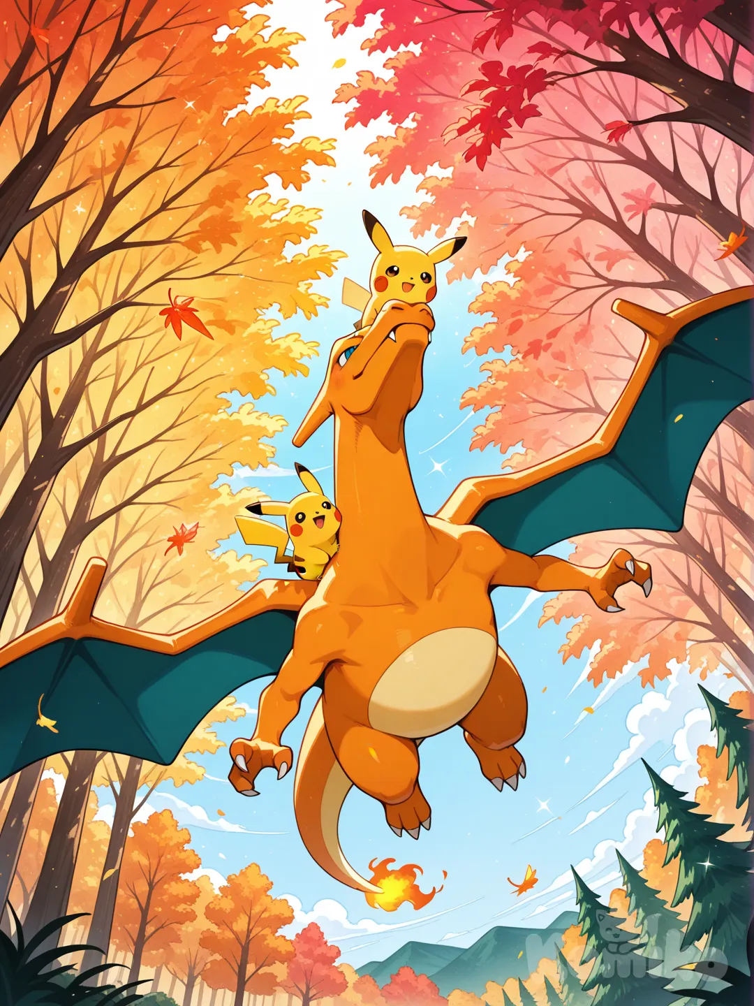 @Pikachu@, Charizard, Perched on the shoulder, flying through the sky above the forest, trees of many colors (green, dark green, red, orange, pink), day, sparkle
