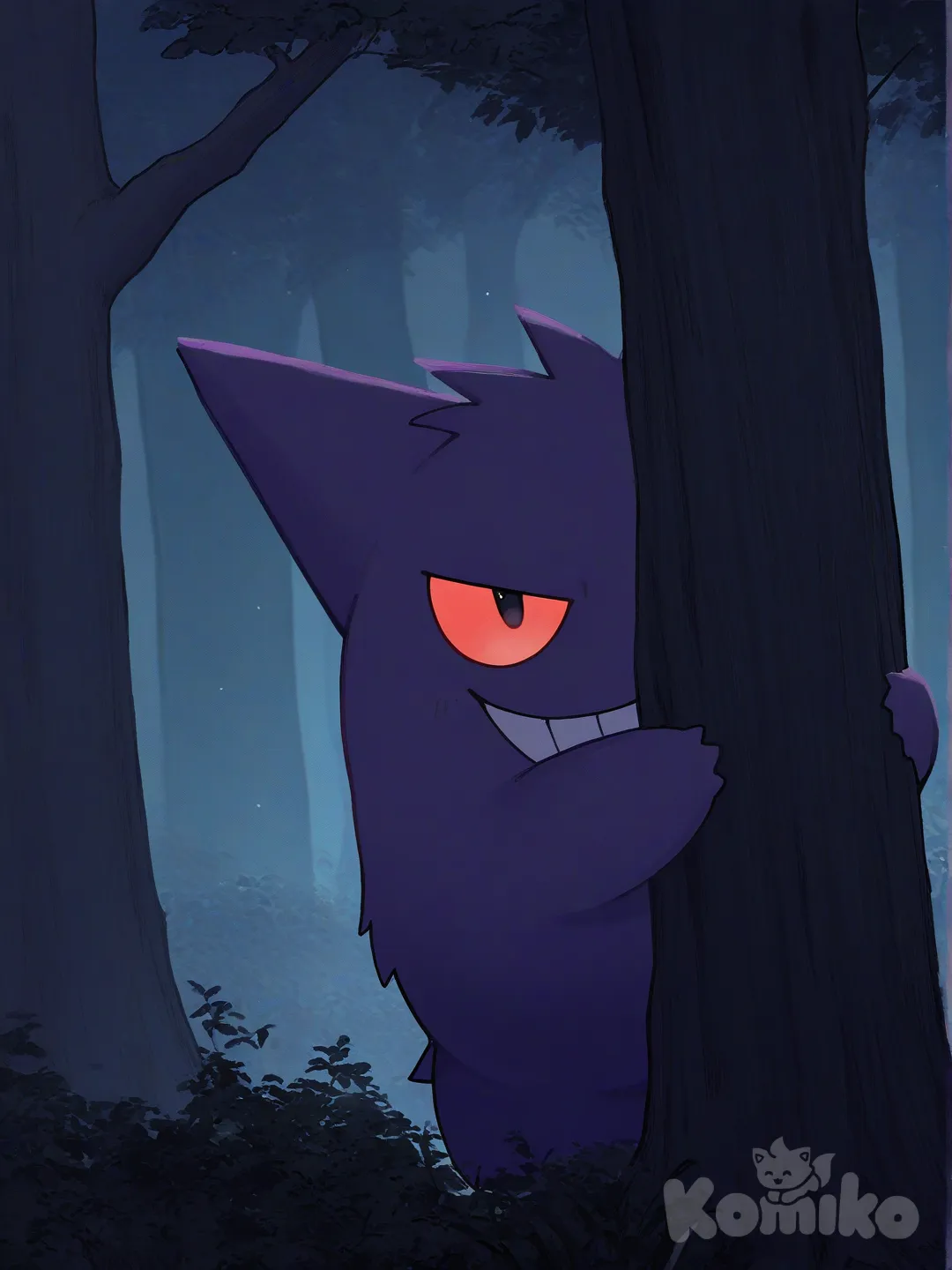 @Gengar, head tilt, smirk, [pokemon-style], Hiding behind a tree., night, forest, Deep in the forest, Low light, scary.