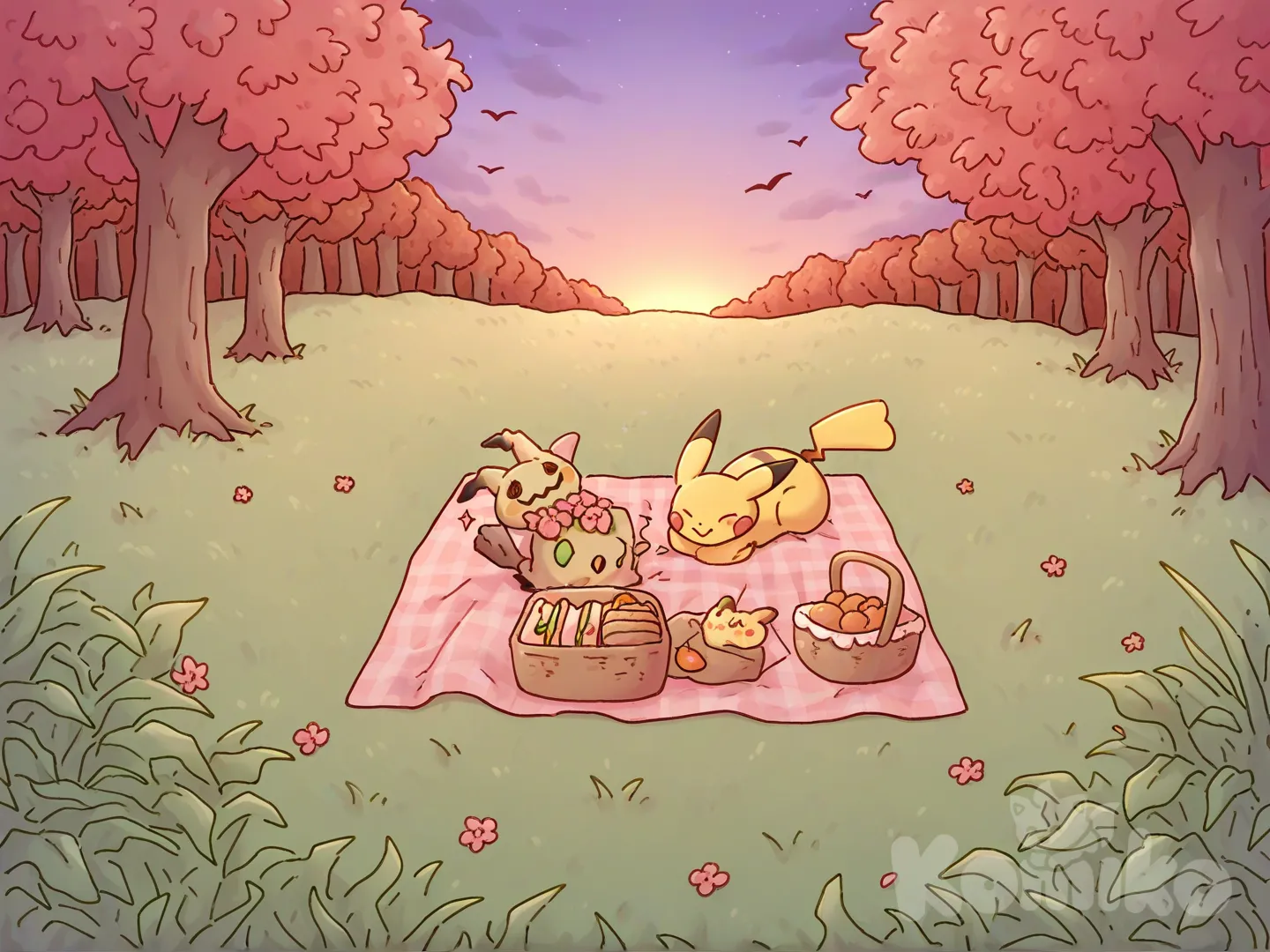 [pokemon-style], @Pikachu, @Mimikyu, 2people, smile, picnic, full body, from above, twilight, forest, field, grassland, flower field, garden, trees of many colors (green, dark green, red, orange, pink)