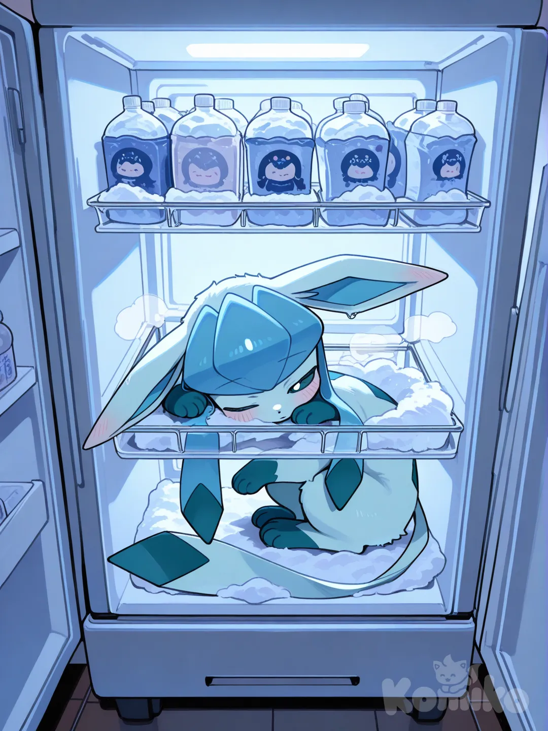 @Glaceon, one eye closed, Sleeping in the refrigerator, blush, looking at viewer, full body
