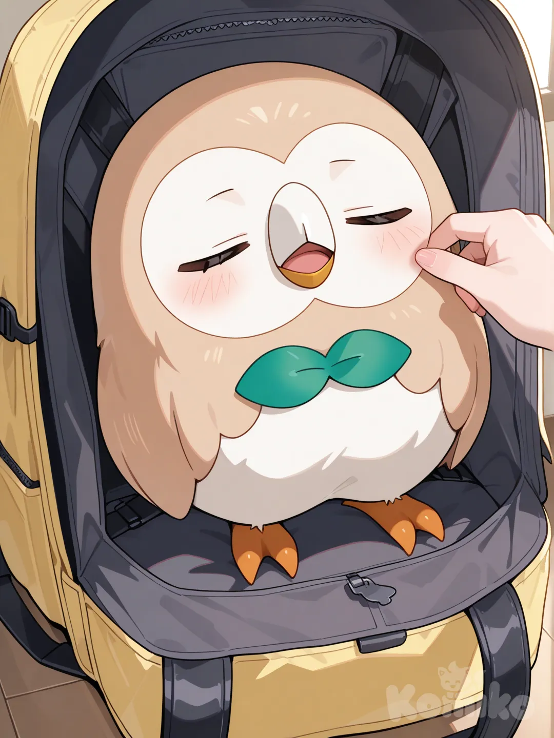 @Rowlet , Sleeping in the backpack, head tilt, The backpack is open.