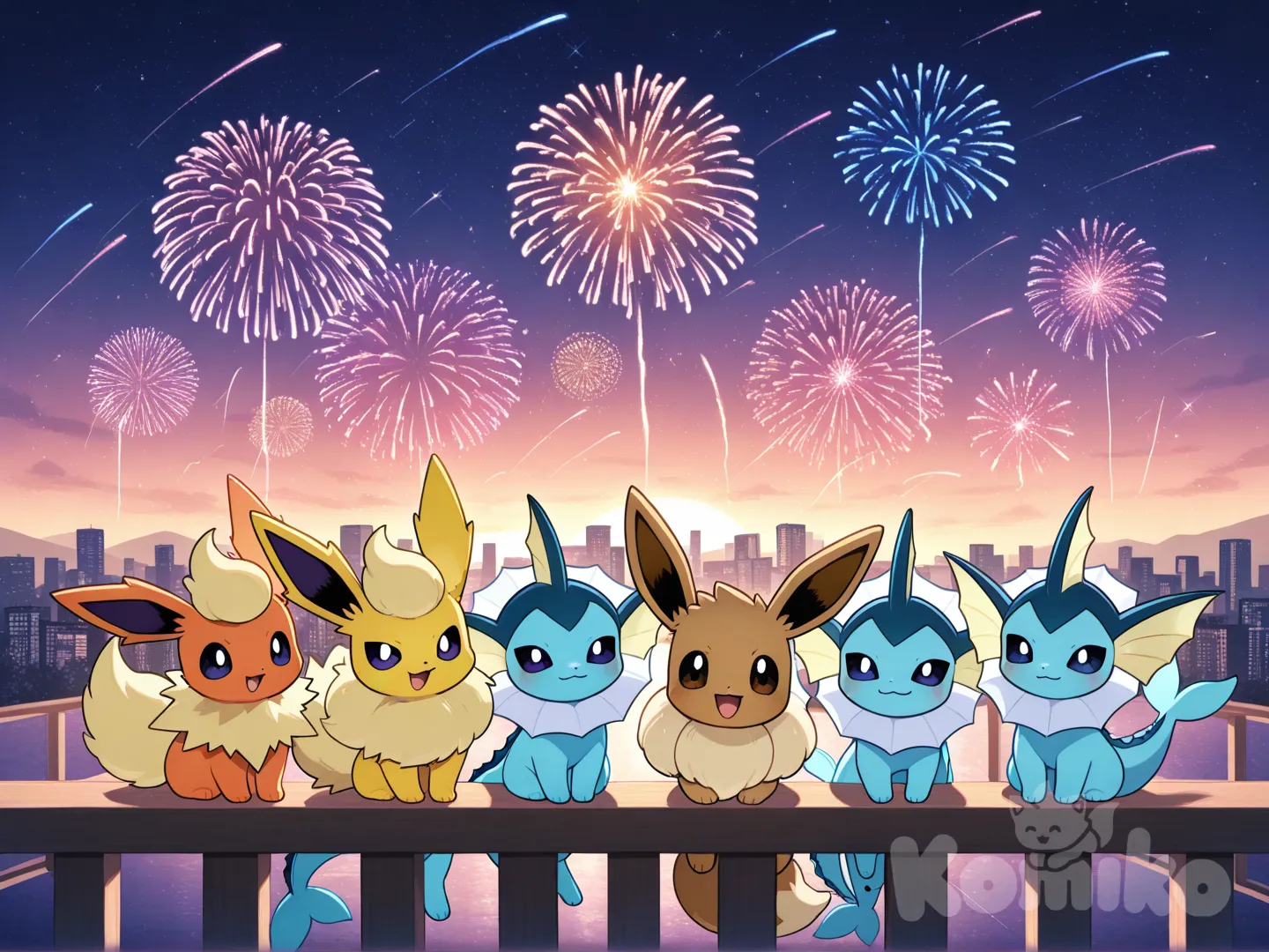 happy, smiling, looking at camera, night time, fireworks, @Eevee, vaporeon, jolteon, flareon, cityscape