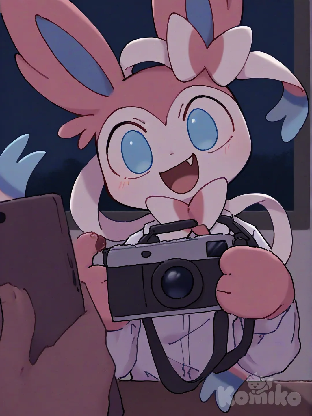 @Sylveon, [pokemon-style], head tilt, smirk, evil smile, blush, open mouth, looking at viewer, closeup, night, classroom, She used her ribbon to hold the camera in place.
