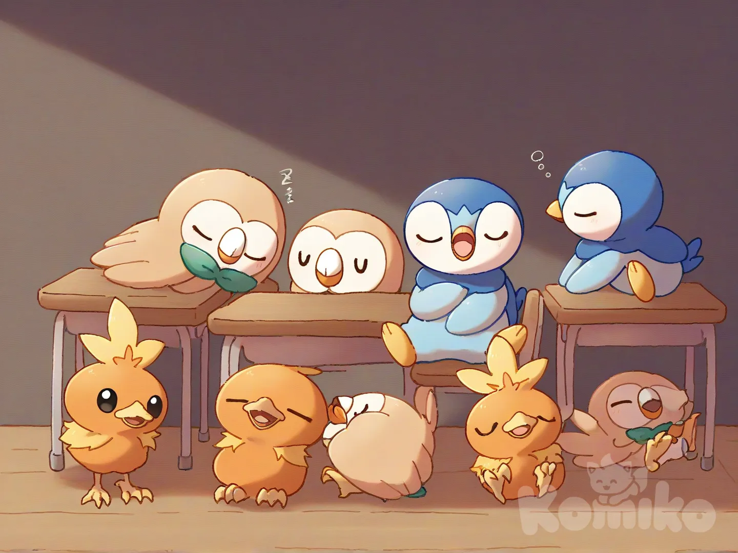 [pokemon-style], @Rowlet, @Piplup, @Torchic, They were sleeping with their backs to each other in the classroom., full body