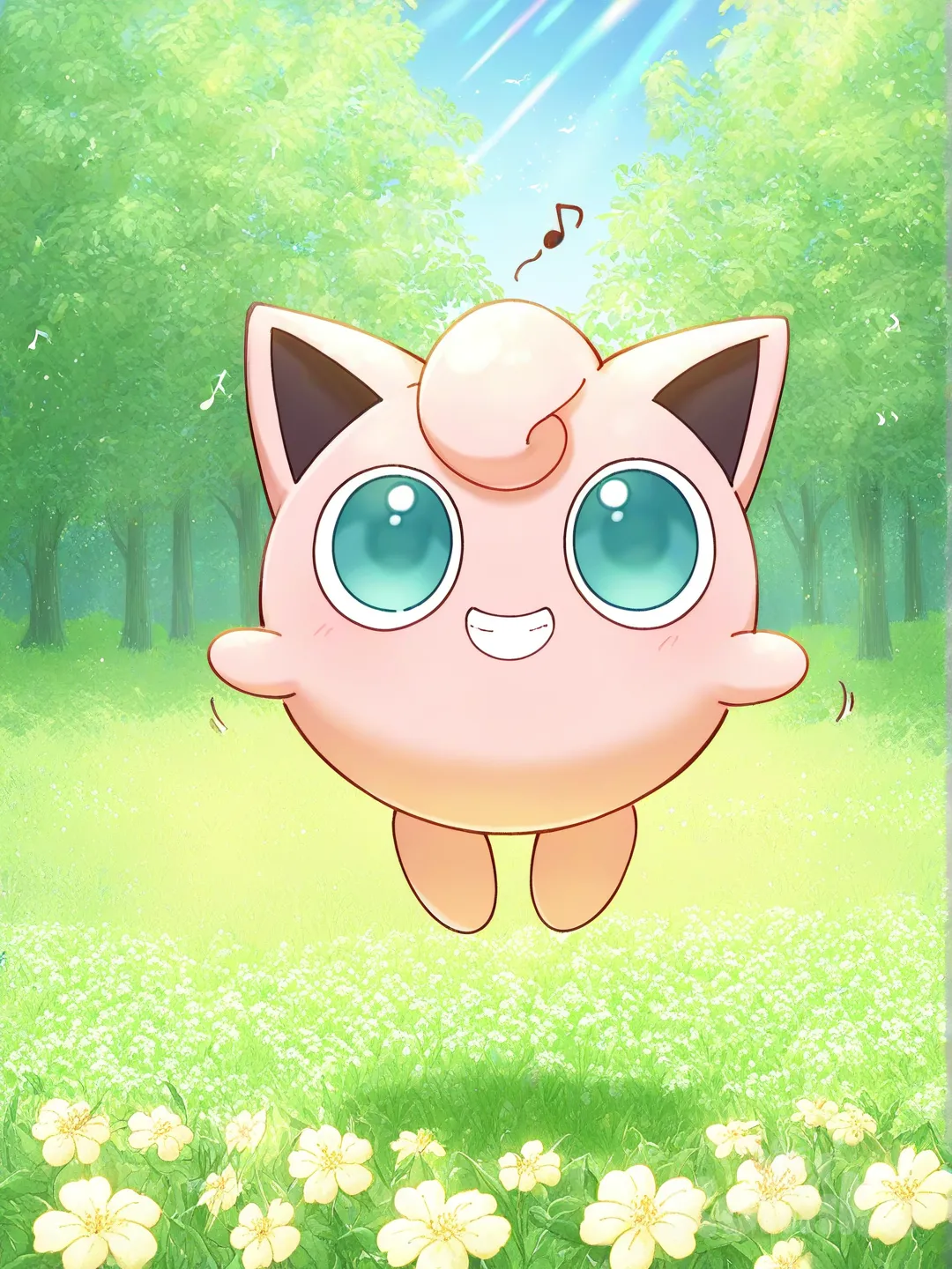 [pokemon-style], @Jigglypuff, singing, evil smile, looking at viewer, forest, field, garden, flower field, park