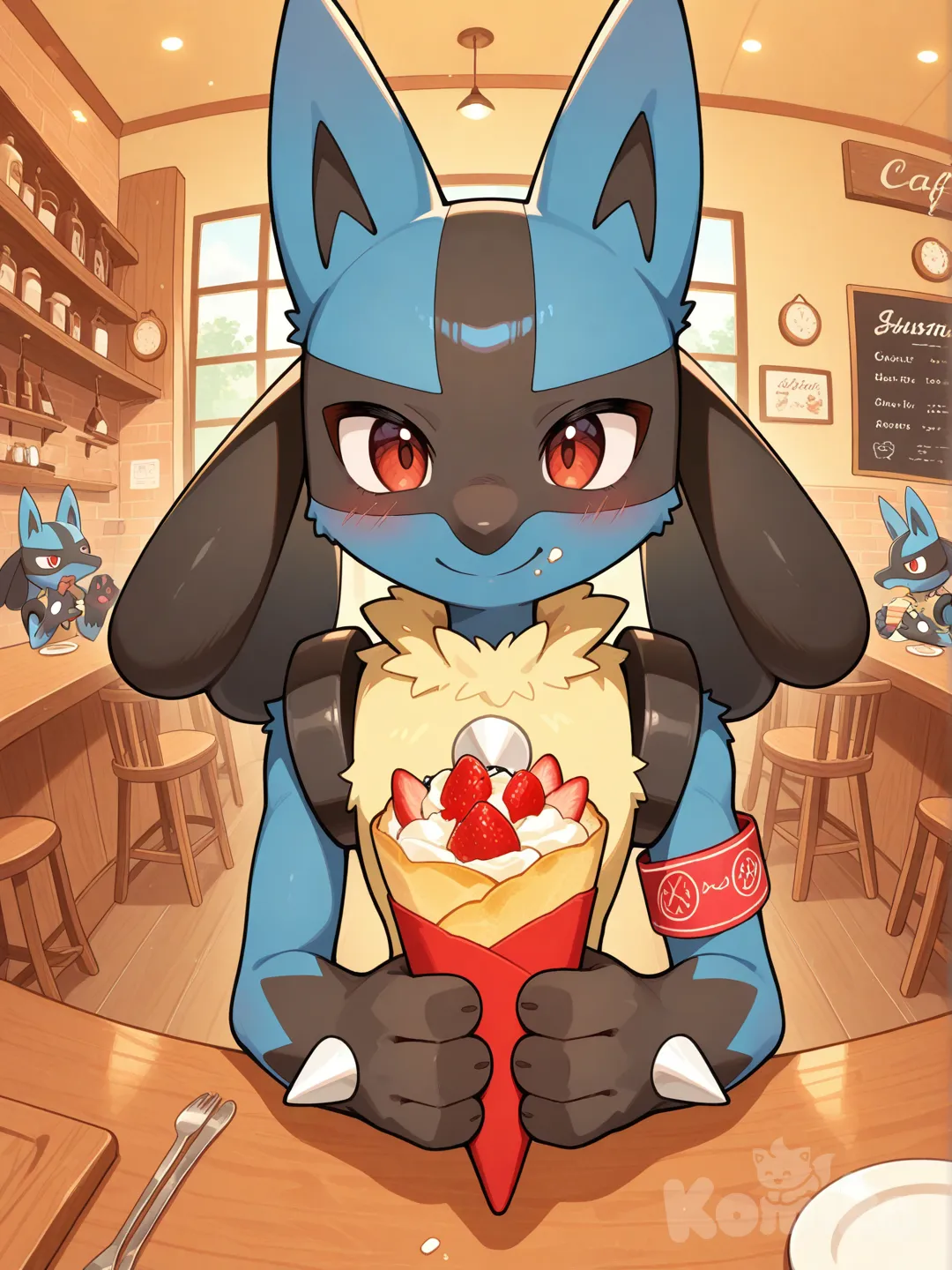 @Lucario, Eat a crepe., closeup, cafe, waving, blush
