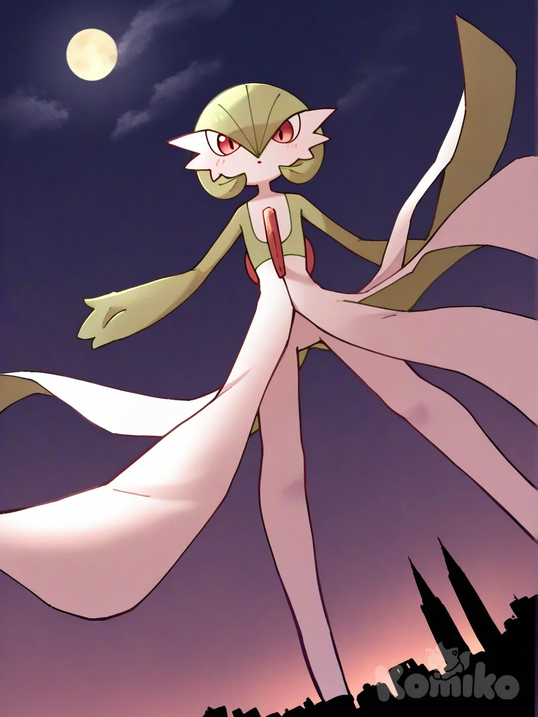 [pokemon-style], @Gardevoir, Superhero Landing , blush, looking at viewer, clock tower