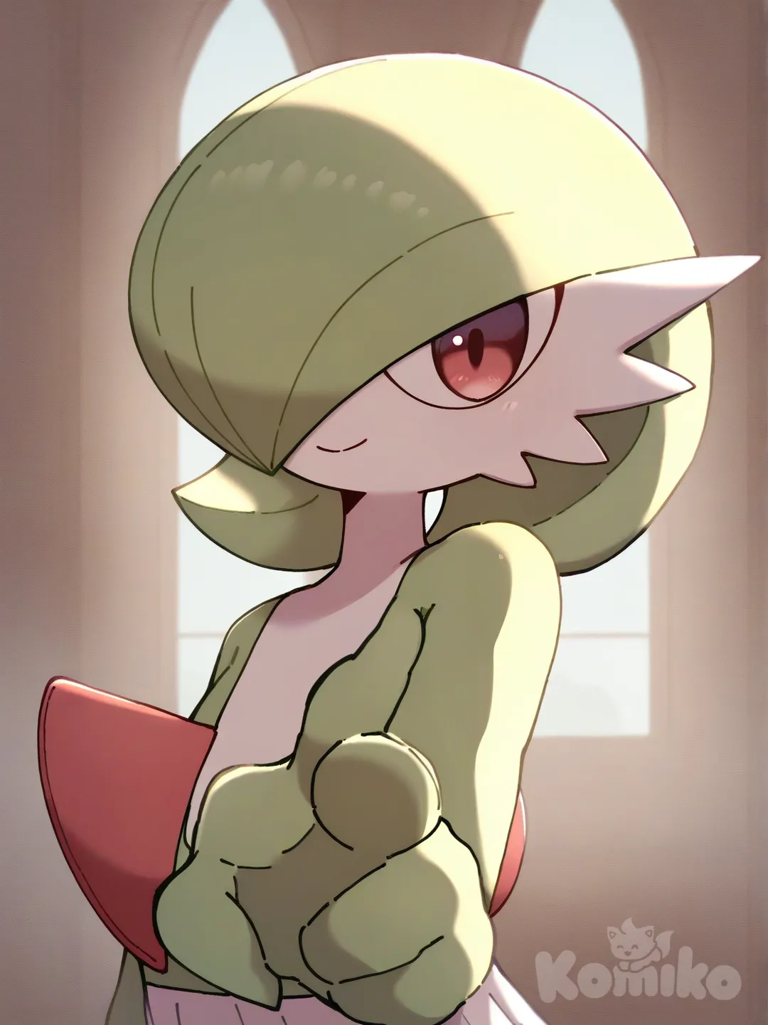 [pokemon-style], @Gardevoir, pointing at viewer, smile, looking at viewer, closeup, day, church, upper body