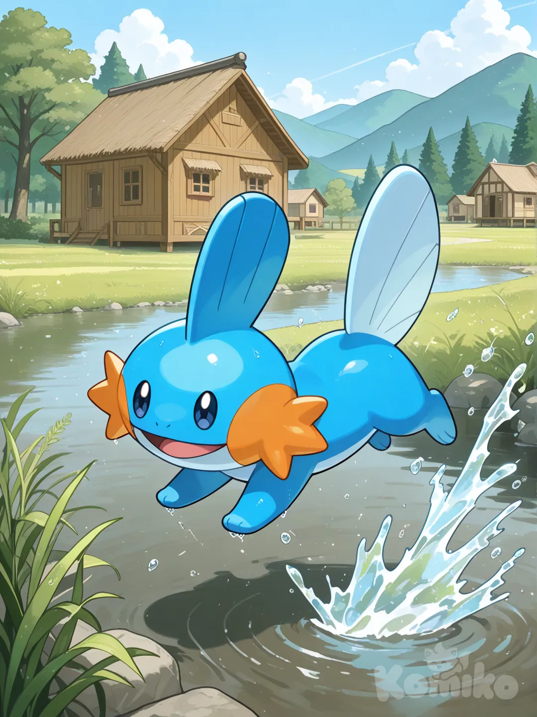 @Mudkip, Swimming in a small stream in a rural village.