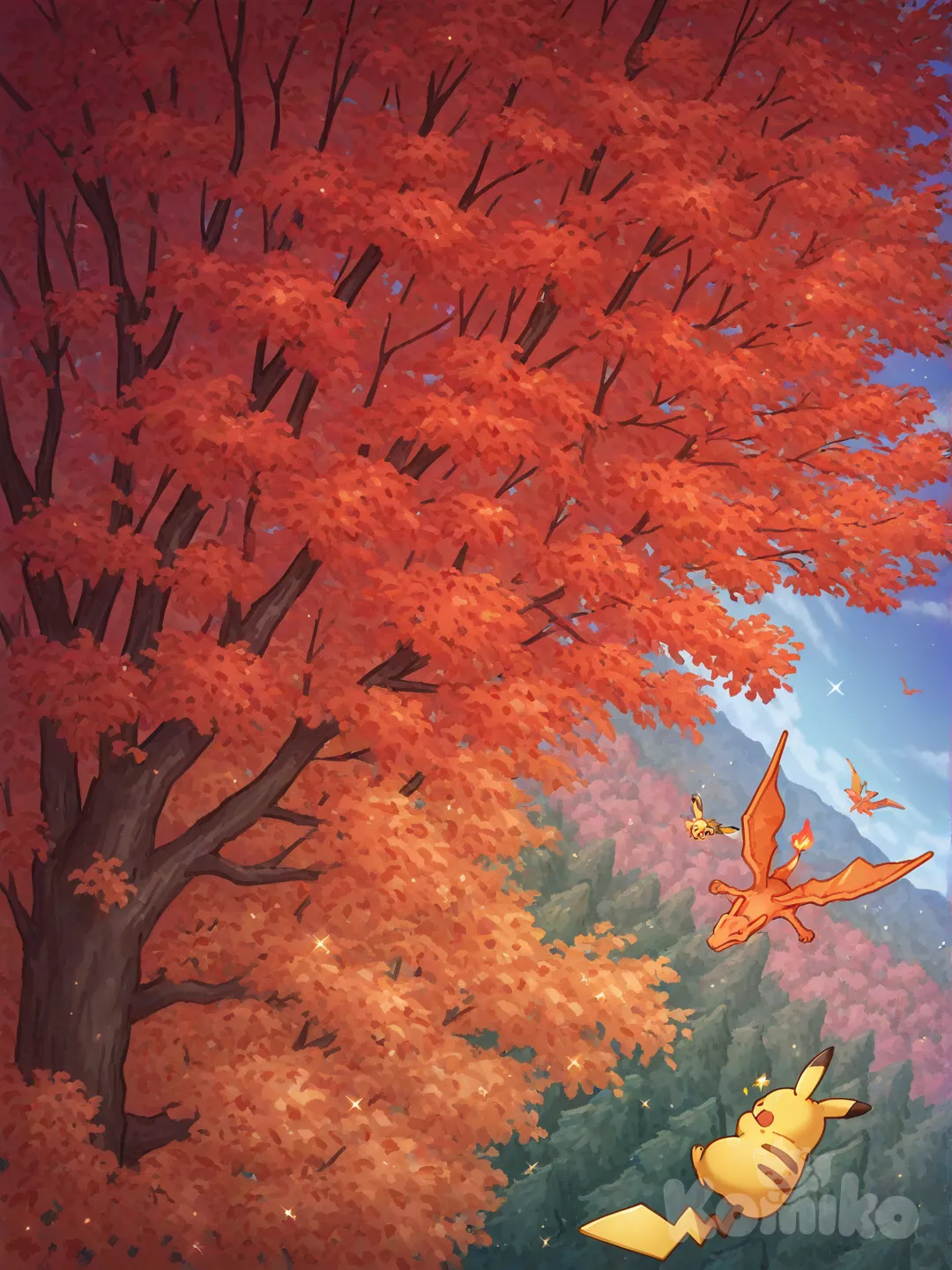 @Pikachu, @Eevee, Charizard, Perched on the shoulder, flying through the sky above the forest, trees of many colors (green, dark green, red, orange, pink), day, sparkle, [pokemon-style], from above