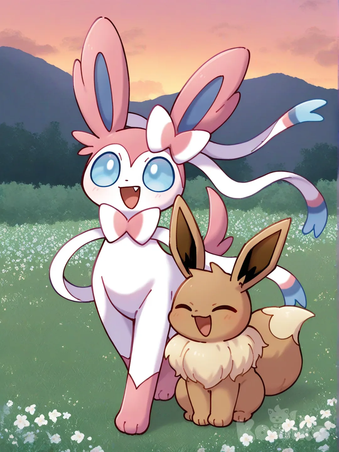 [pokemon-style], @Eevee, @Sylveon, laughing, smile ,Taking a walk in the park, flower field, twilight, [pokemon-style], looking at viewer, full body