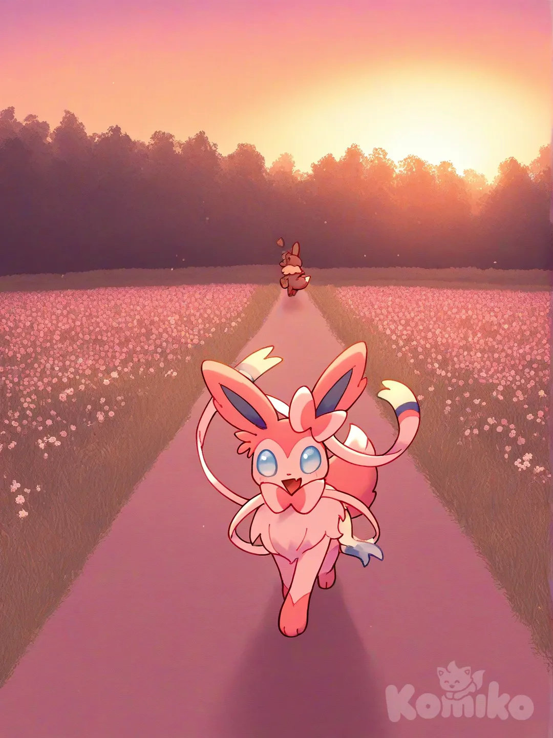 [pokemon-style], Eevee, Sylveon, laughing, smile ,Taking a walk in the park, flower field, twilight, [pokemon-style], looking at viewer, full body