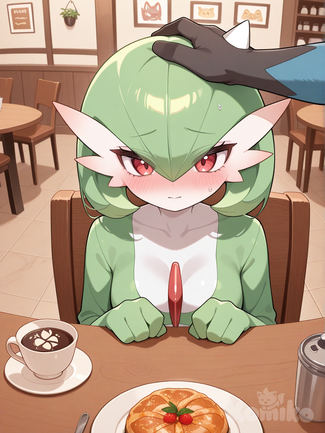@Lucario is embarrassed that @Gardevoir patted his head, closeup, cafe