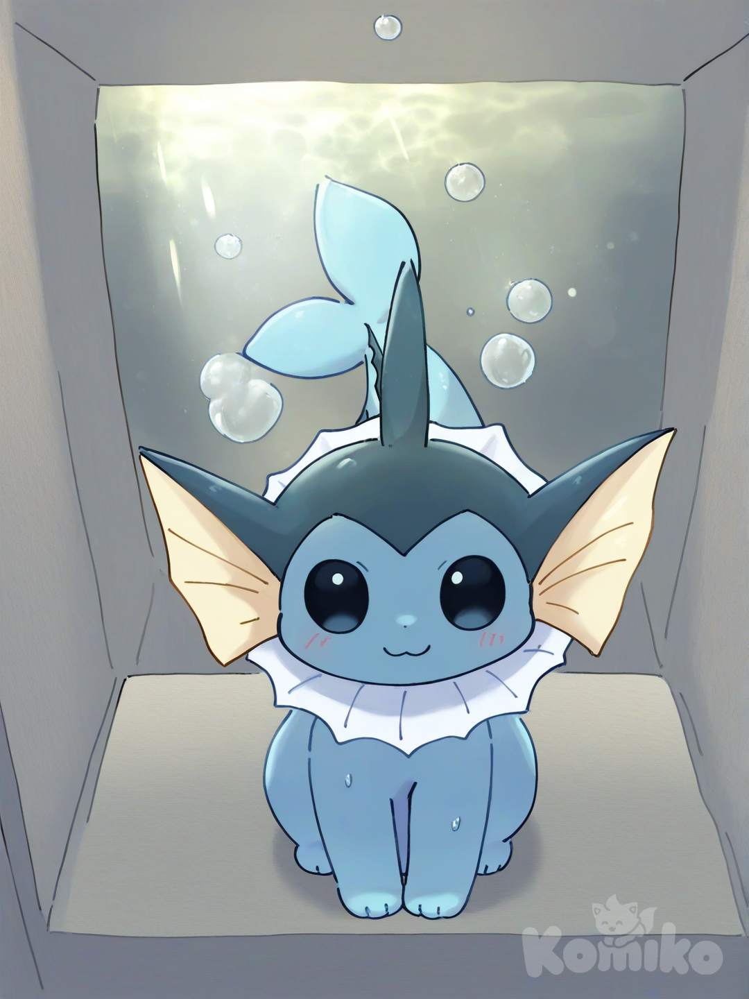 [pokemon-style], vaporeon, full body, evil smile, blush, aquarium, day, closeup, looking at viewer