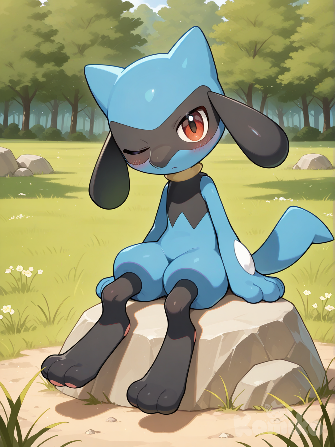 @Riolu, head tilt, blush, Sitting on a rock,