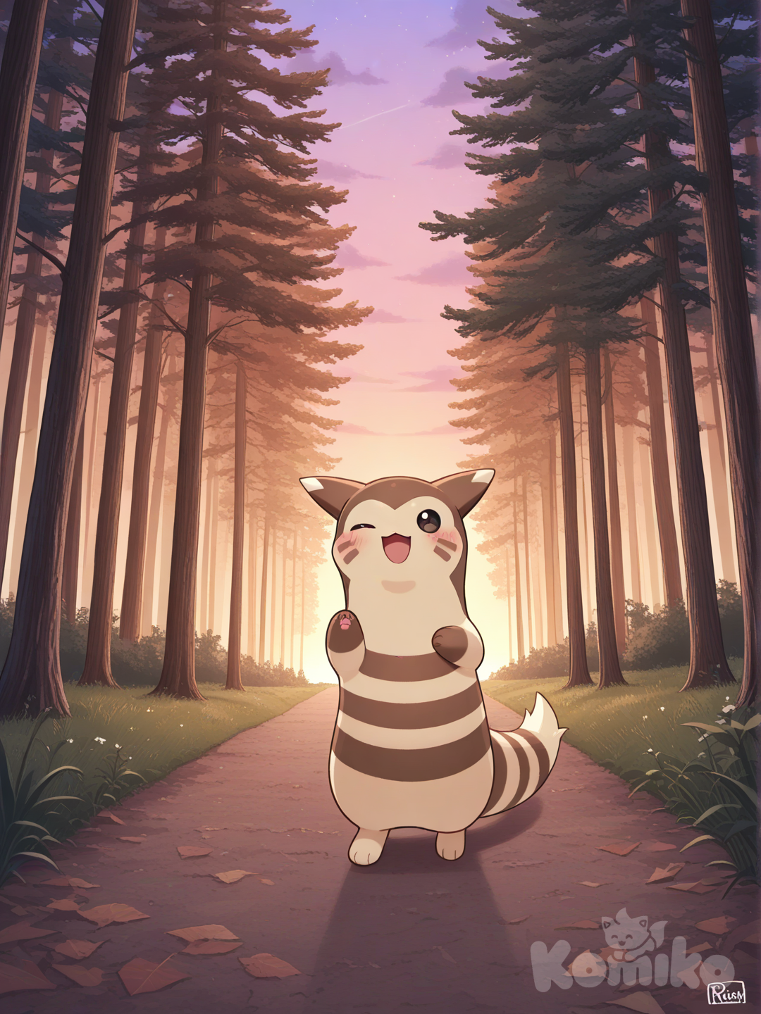 @Furret, Walking in the forest, singing, blush, one eye closed, twilight