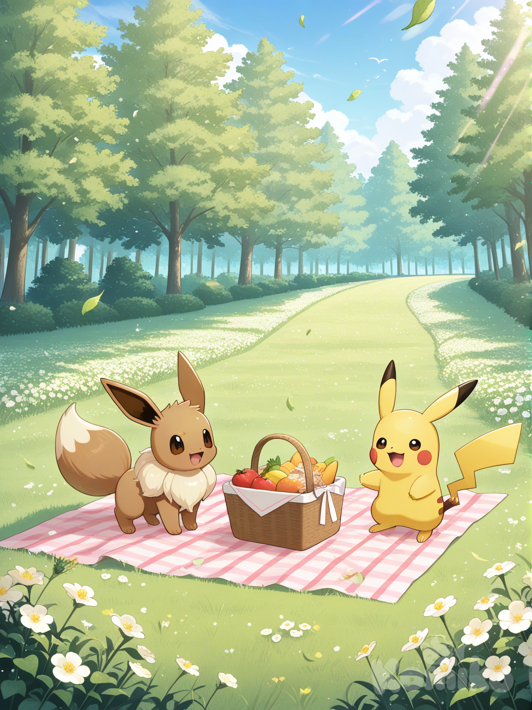 @Pikachu, @Eevee, picnic, laughing, full body, leaves falling, flower field, forest, day
