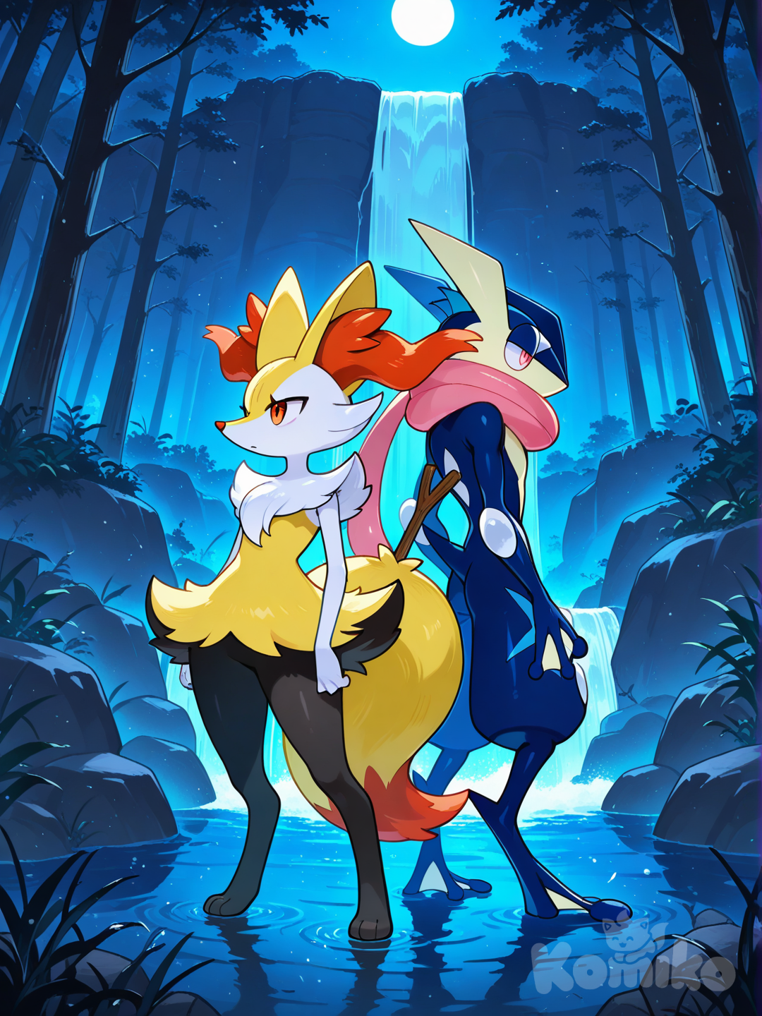 Greninja, Braixen, back to back, looking away, full body, side profile photo, night, forest, waterfall