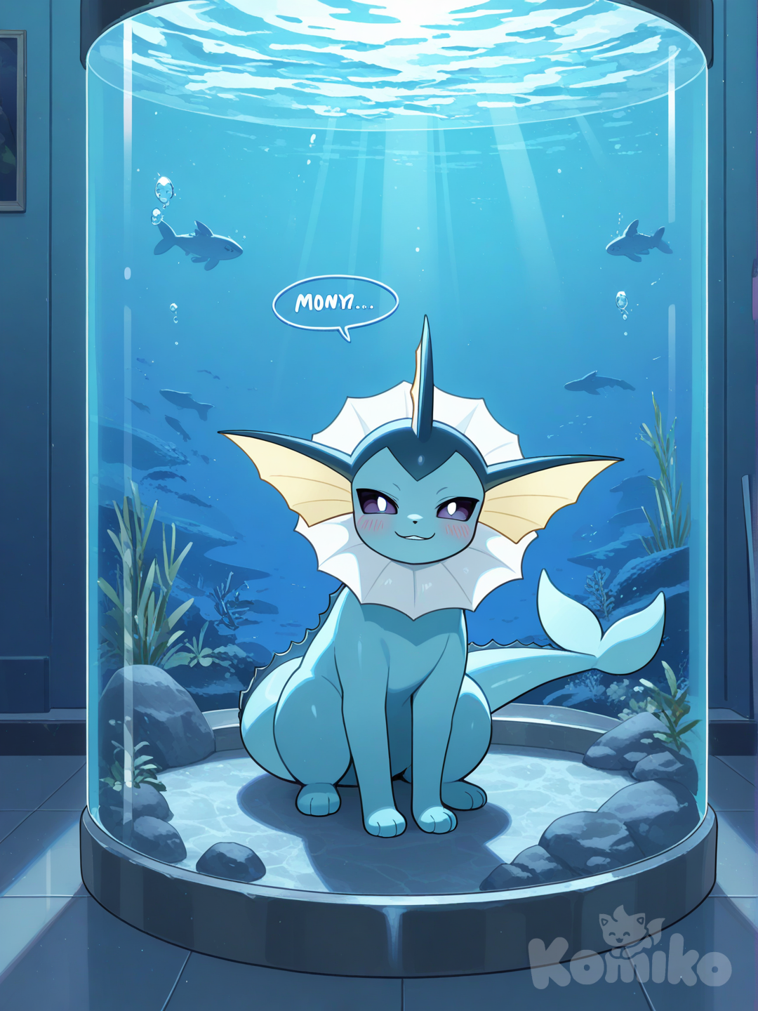 vaporeon, full body , evil smile, blush, aquarium, day,