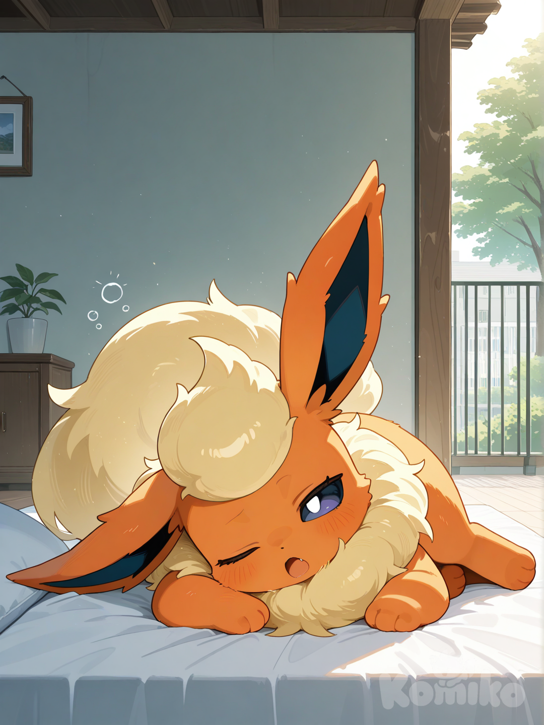 flareon, Sunbathing on the first-floor balcony next to the side garden.,Waking up, one eye closed Yawned.