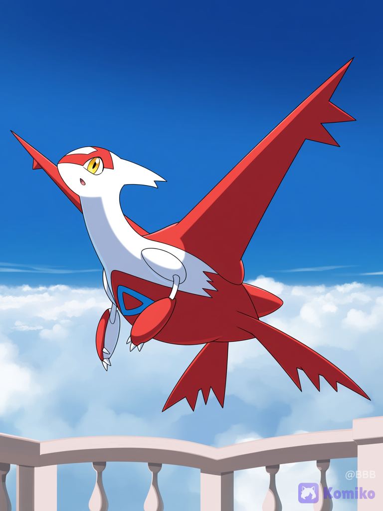 @Latias, cloud, balcony, flying, wide shot, day