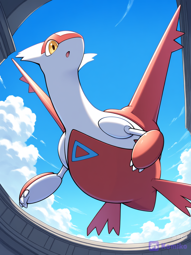 @Latias, cloud, balcony, flying, day, [pokemon-style], medium long shot, from below