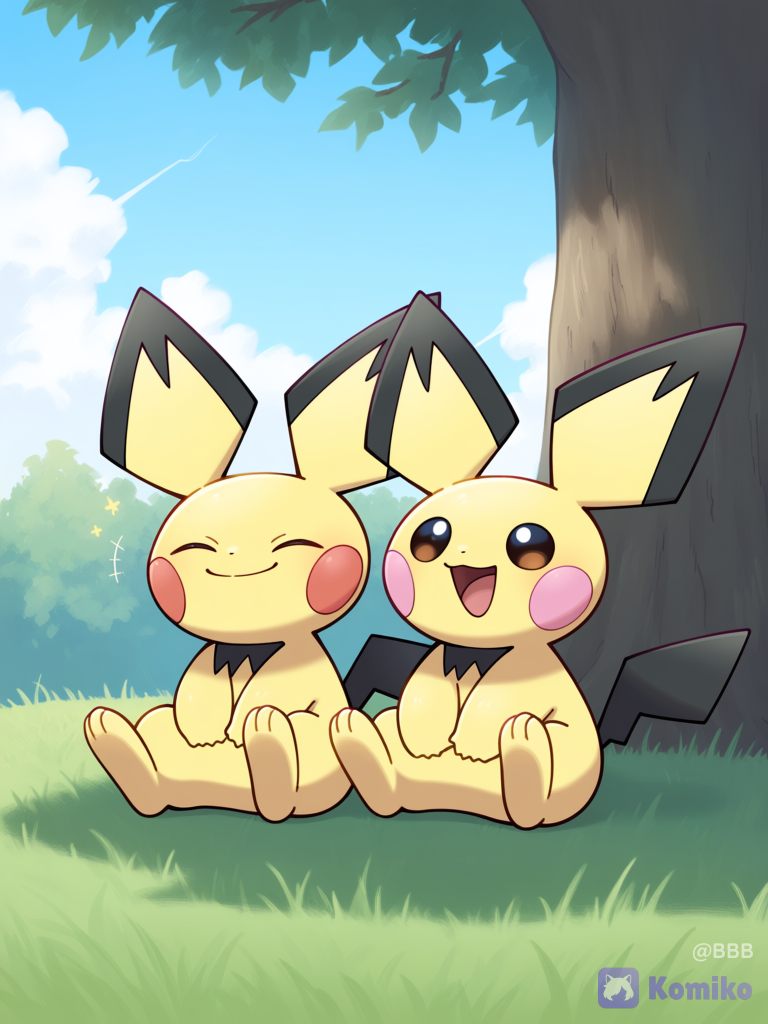 @Pichu, @Pikachu, [pokemon-style], sitting side by side, laughing, smile, full body, from above, wide shot, They were sitting together under a big tree., day