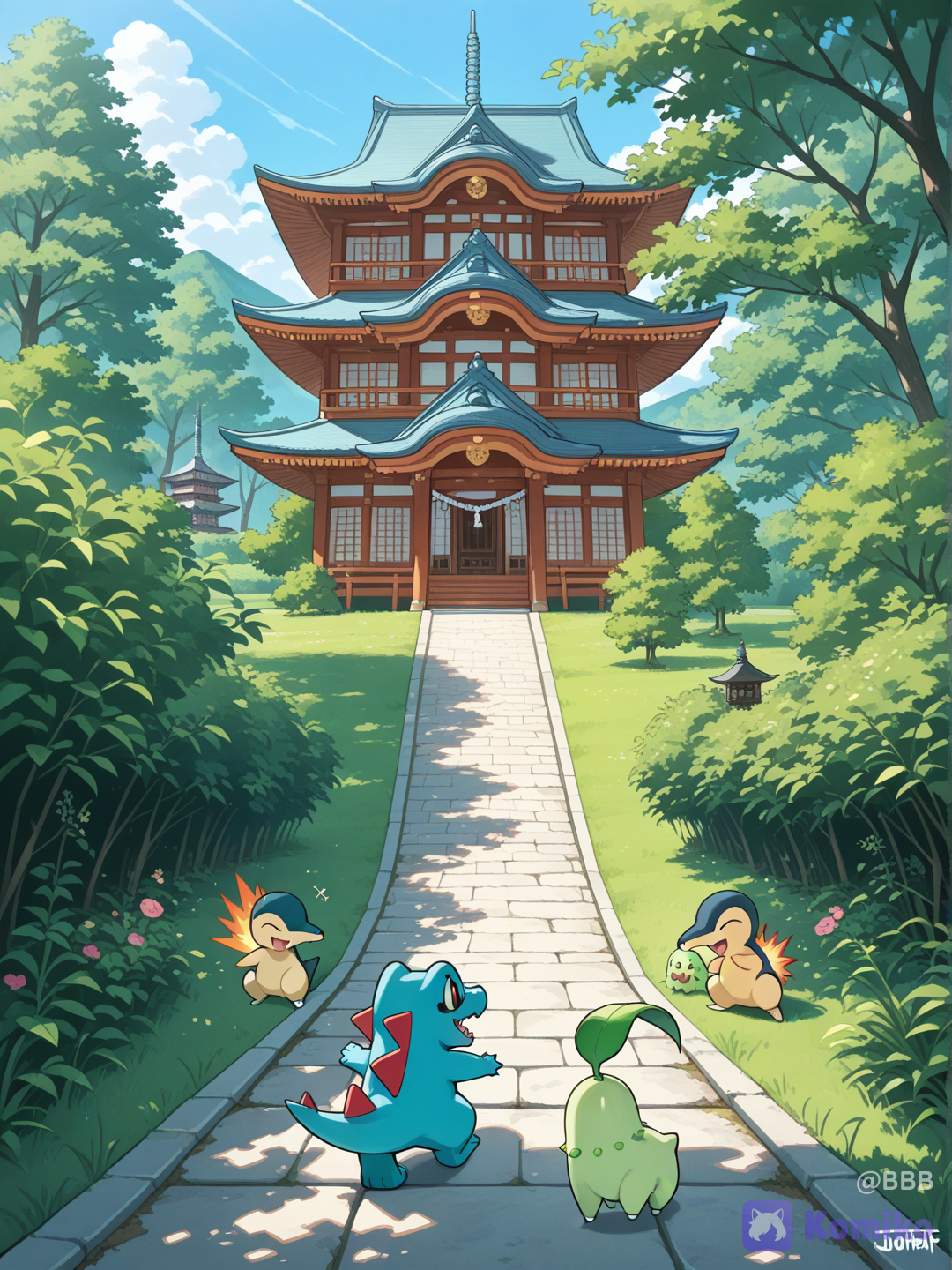 @Chikorita, @Cyndaquil, @Totodile,Ecruteak City(pokemon johto), laughing, open mouth, The three Pokémon were strolling around the city., full body, panoramic lens, wide shot, day